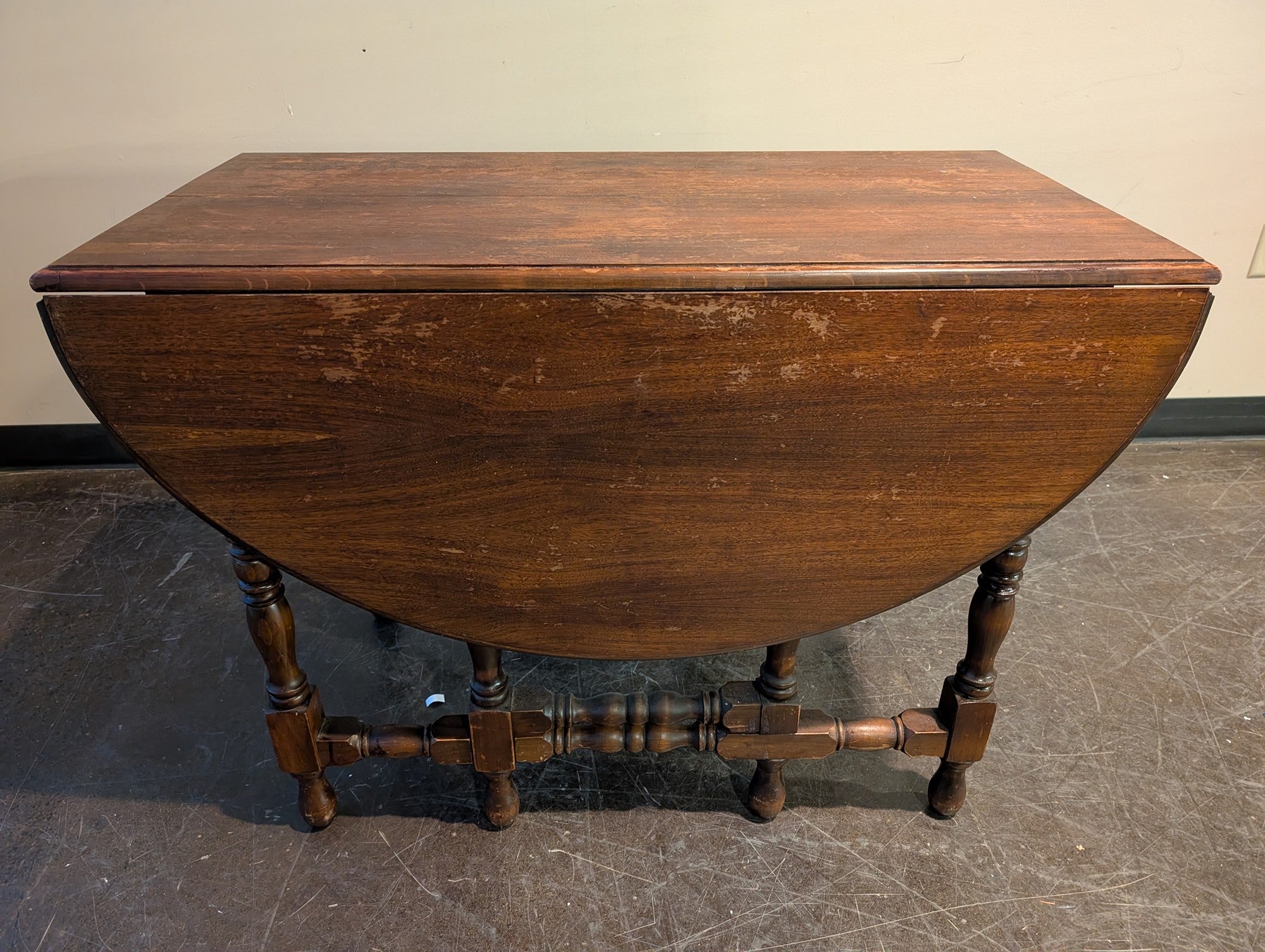 Vintage Dark Wood Drop-Leaf Dining Table with Turned Legs