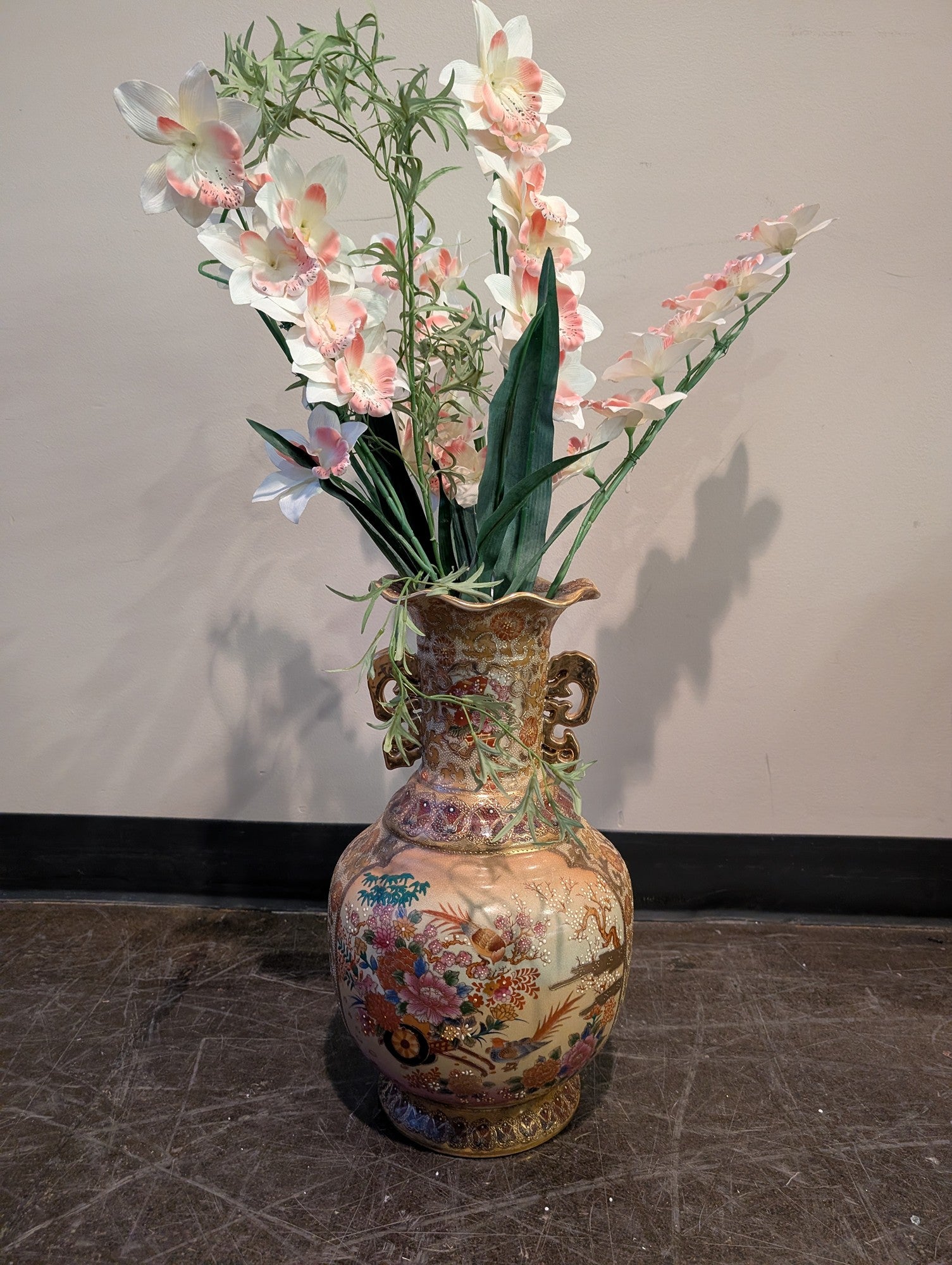 Ornate Hand-Decorated Ceramic Urn Vase with Gilded Accents