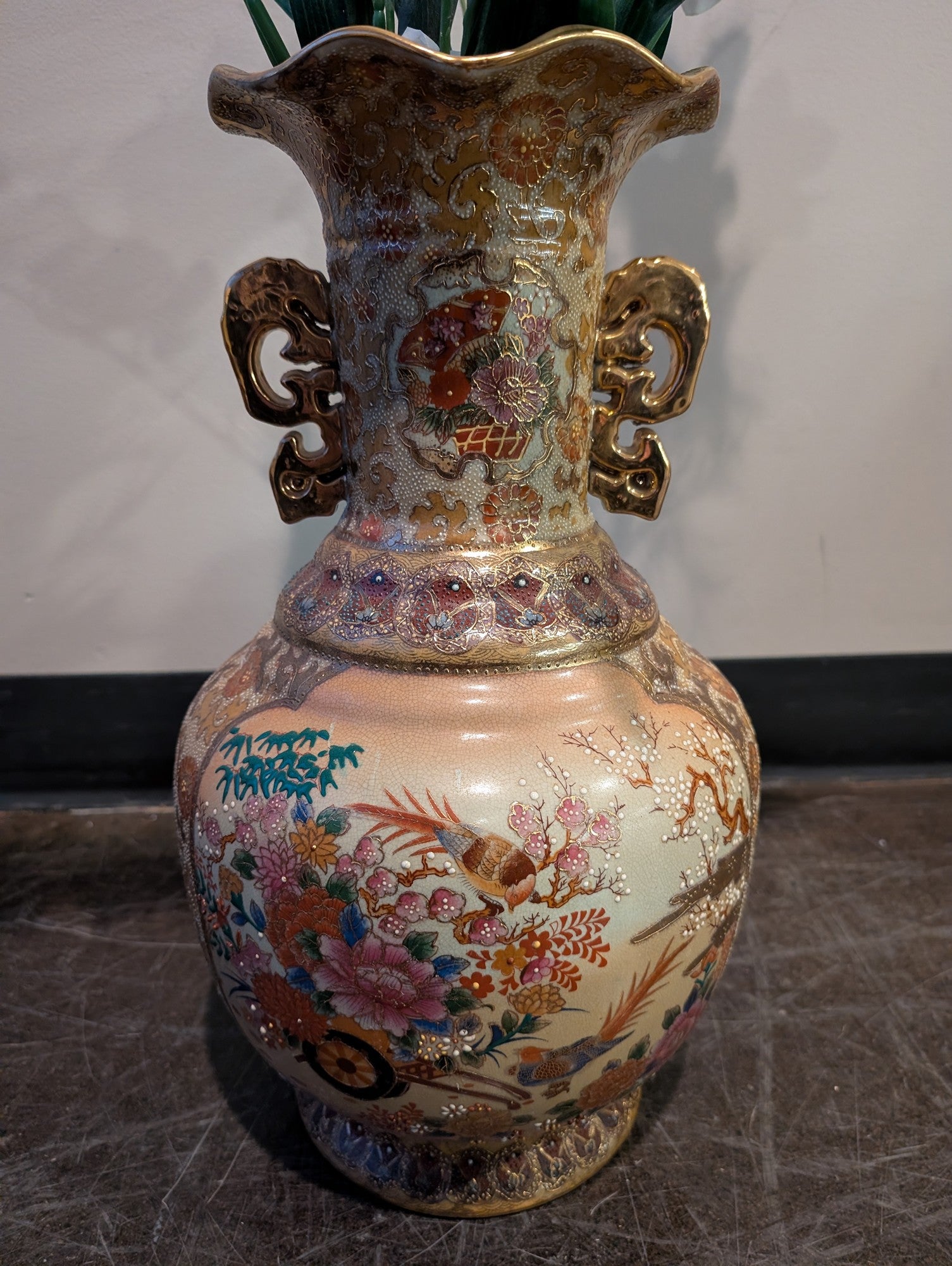 Ornate Hand-Decorated Ceramic Urn Vase with Gilded Accents