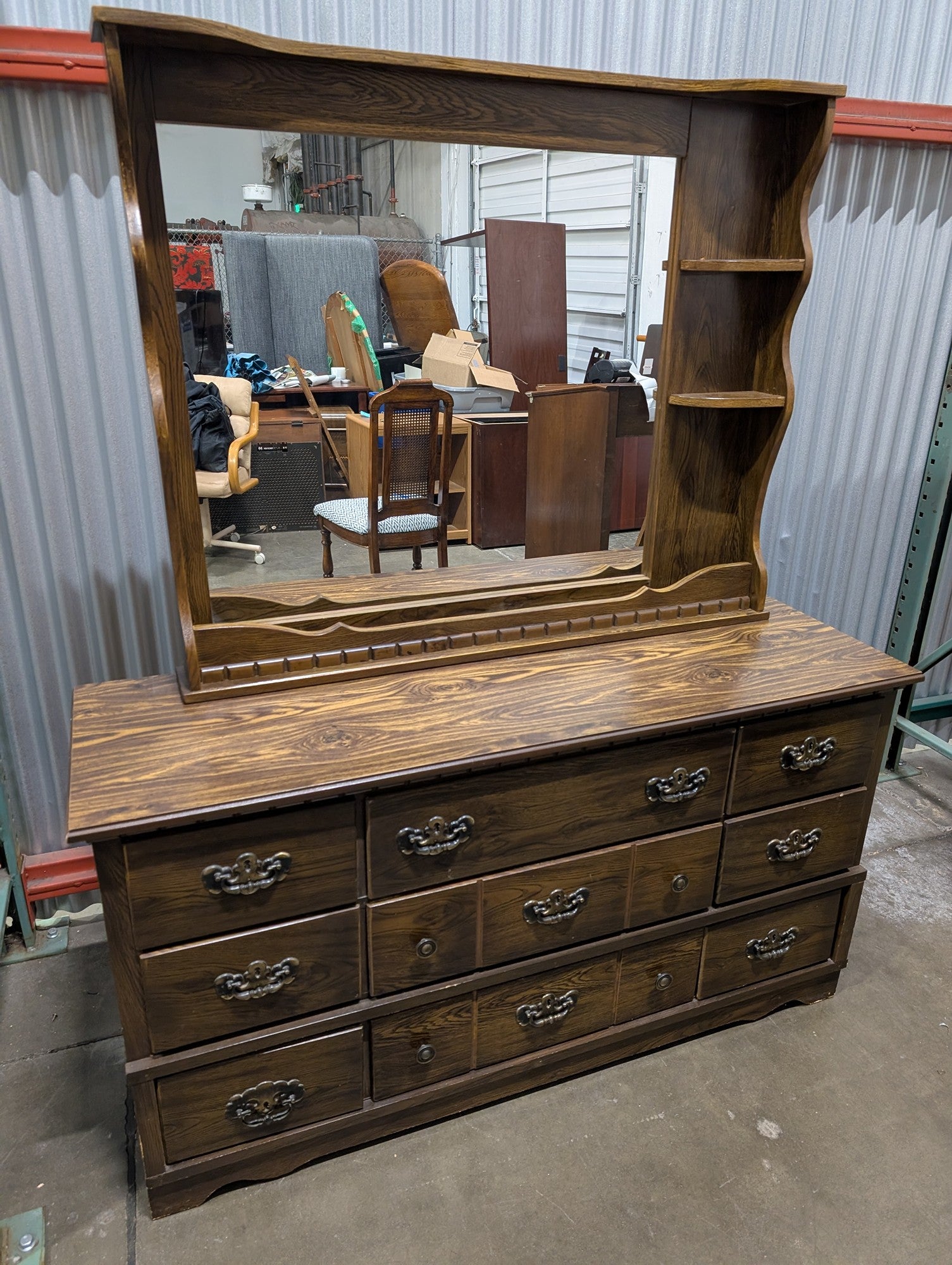 Traditional Wood Grain Dresser with Mirror and Display Shelves