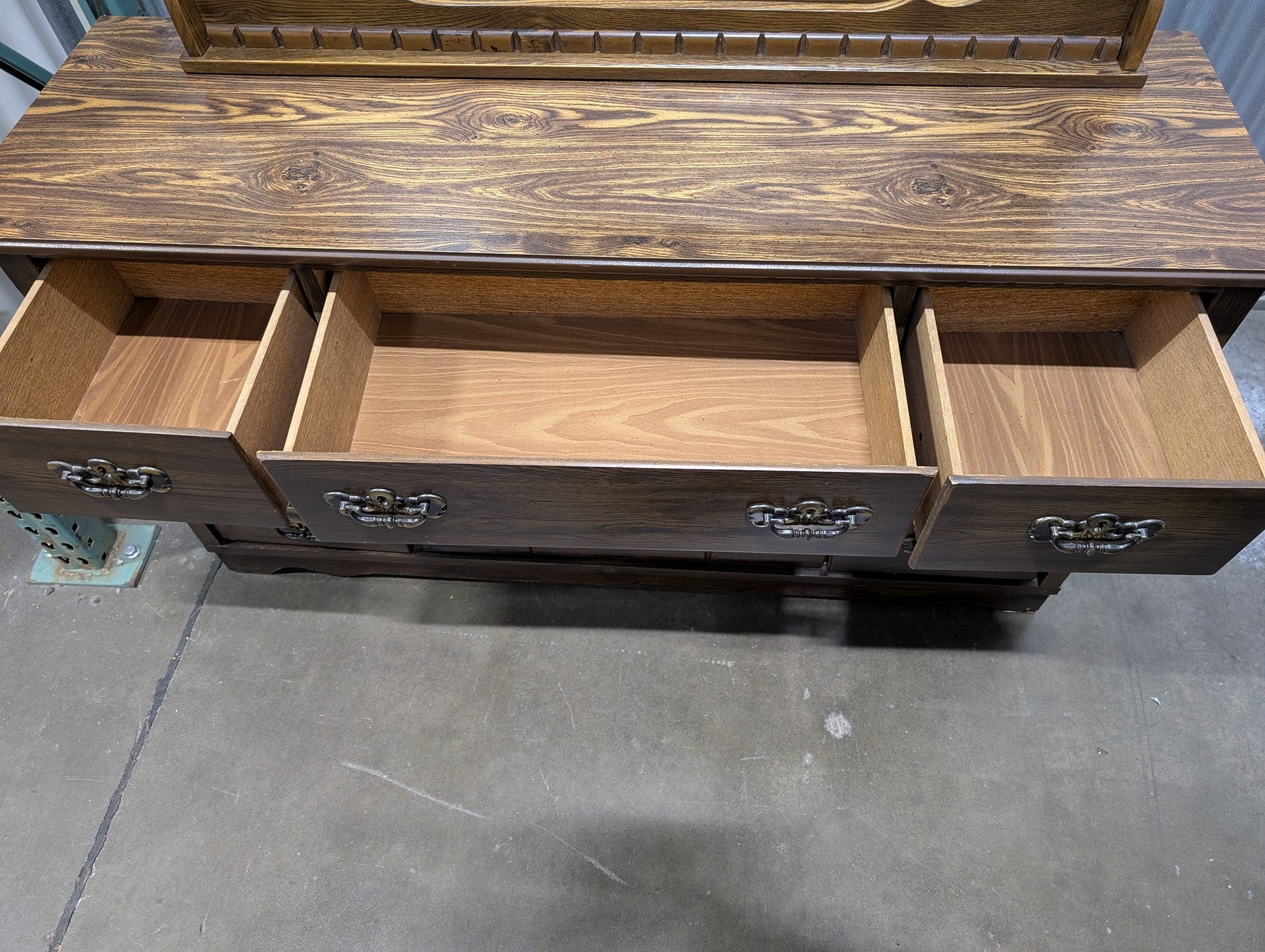 Traditional Wood Grain Dresser with Mirror and Display Shelves