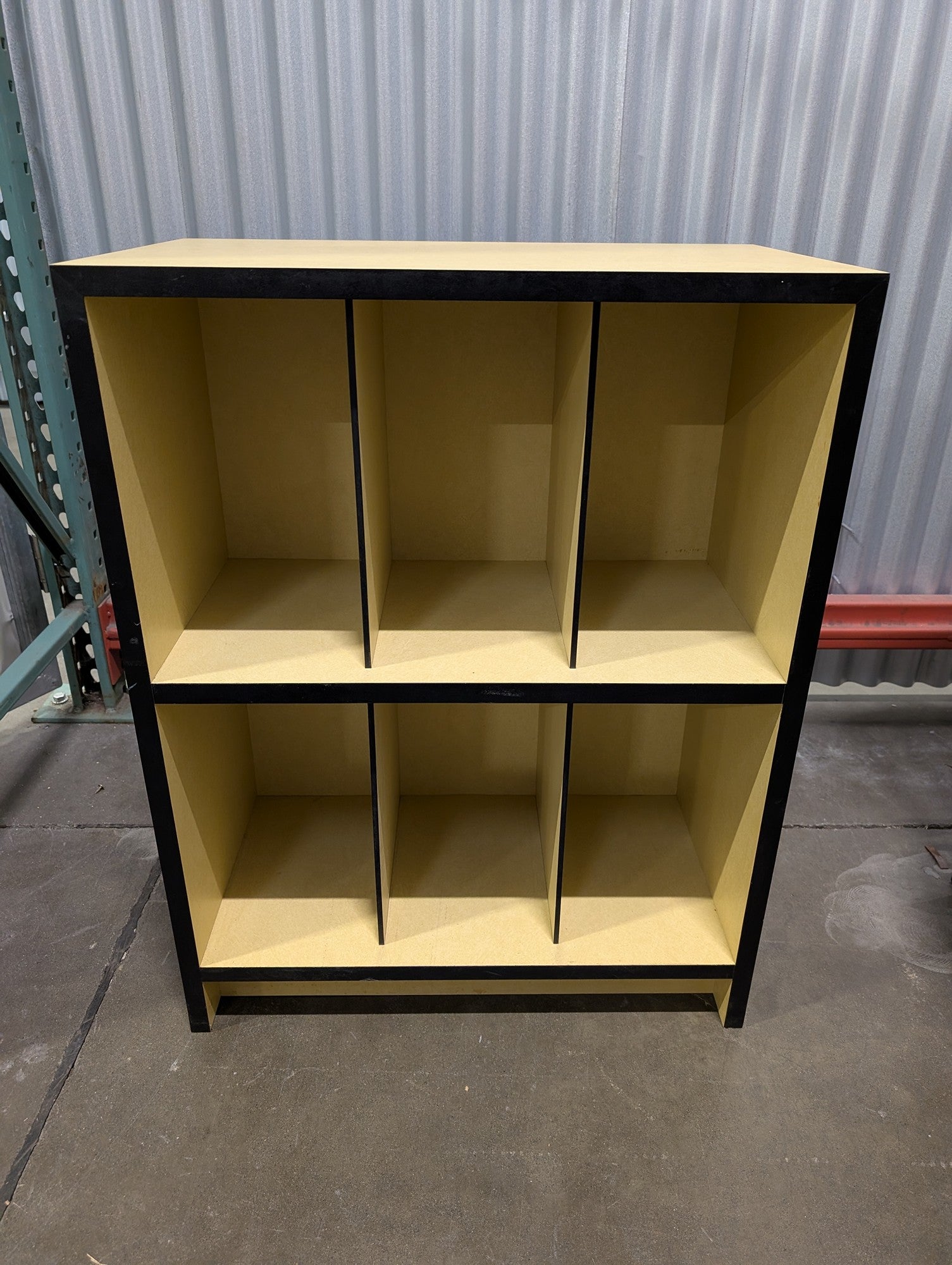 Versatile Six-Compartment Cubby Storage Unit, Black and Light Wood Tone