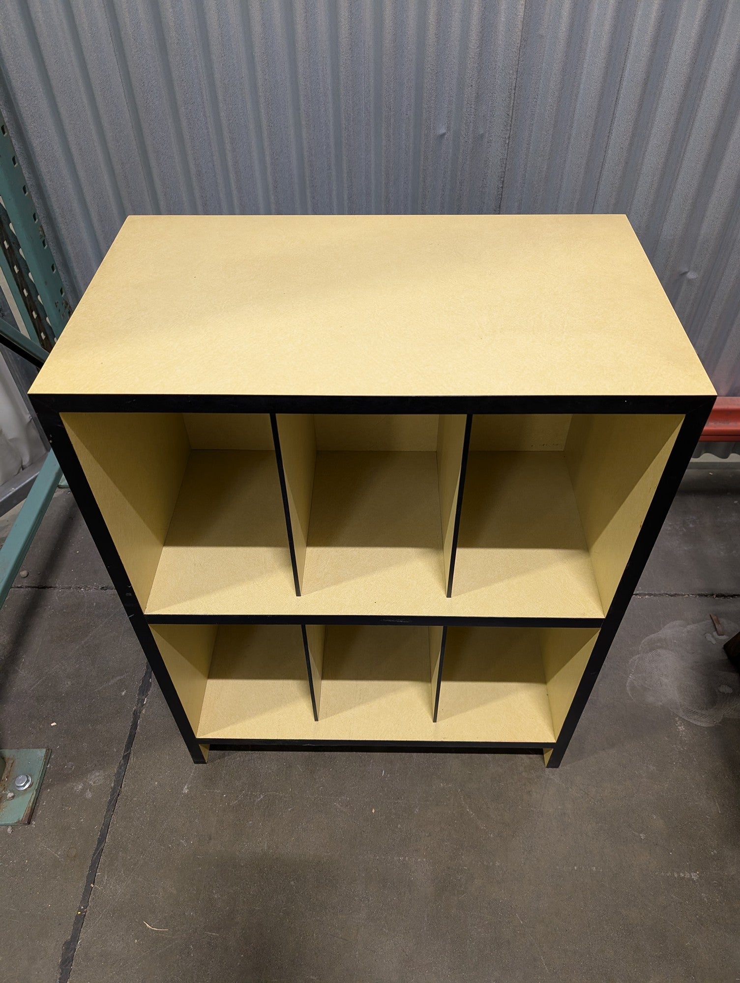 Versatile Six-Compartment Cubby Storage Unit, Black and Light Wood Tone