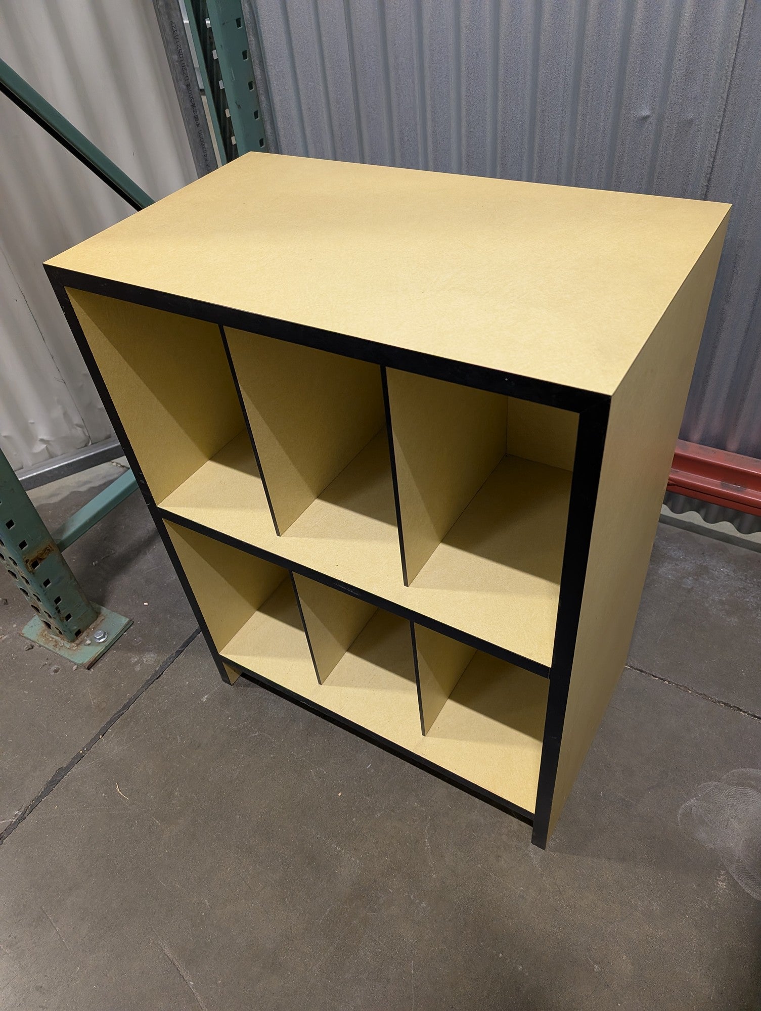 Versatile Six-Compartment Cubby Storage Unit, Black and Light Wood Tone