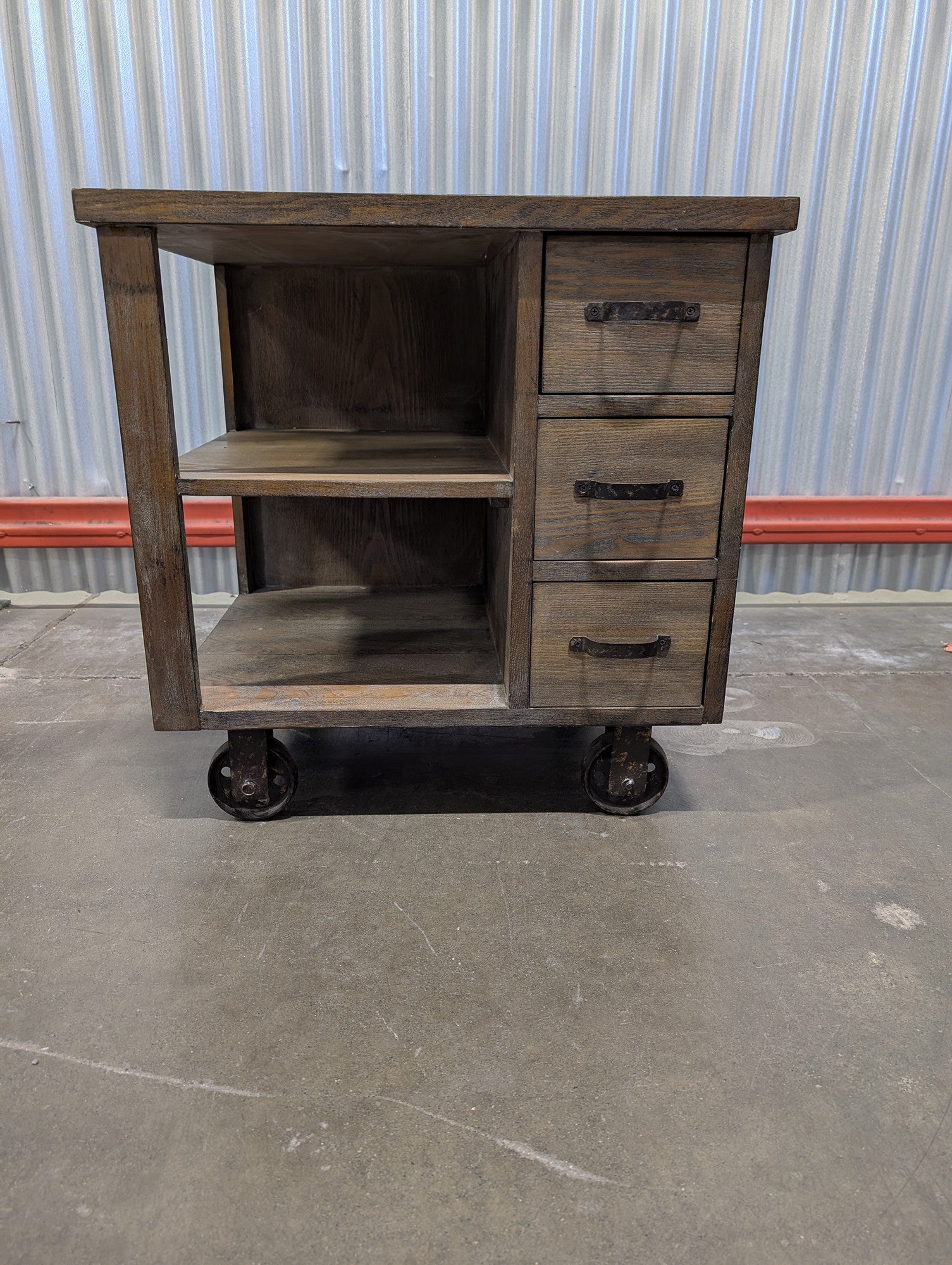 Rustic Wood Rolling Storage Cart with Drawers and Shelves