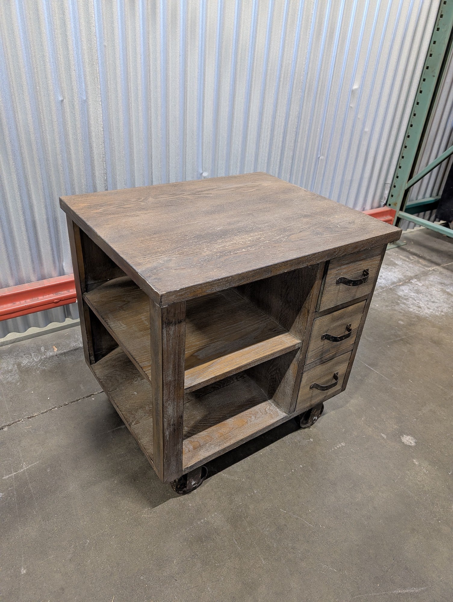 Rustic Wood Rolling Storage Cart with Drawers and Shelves