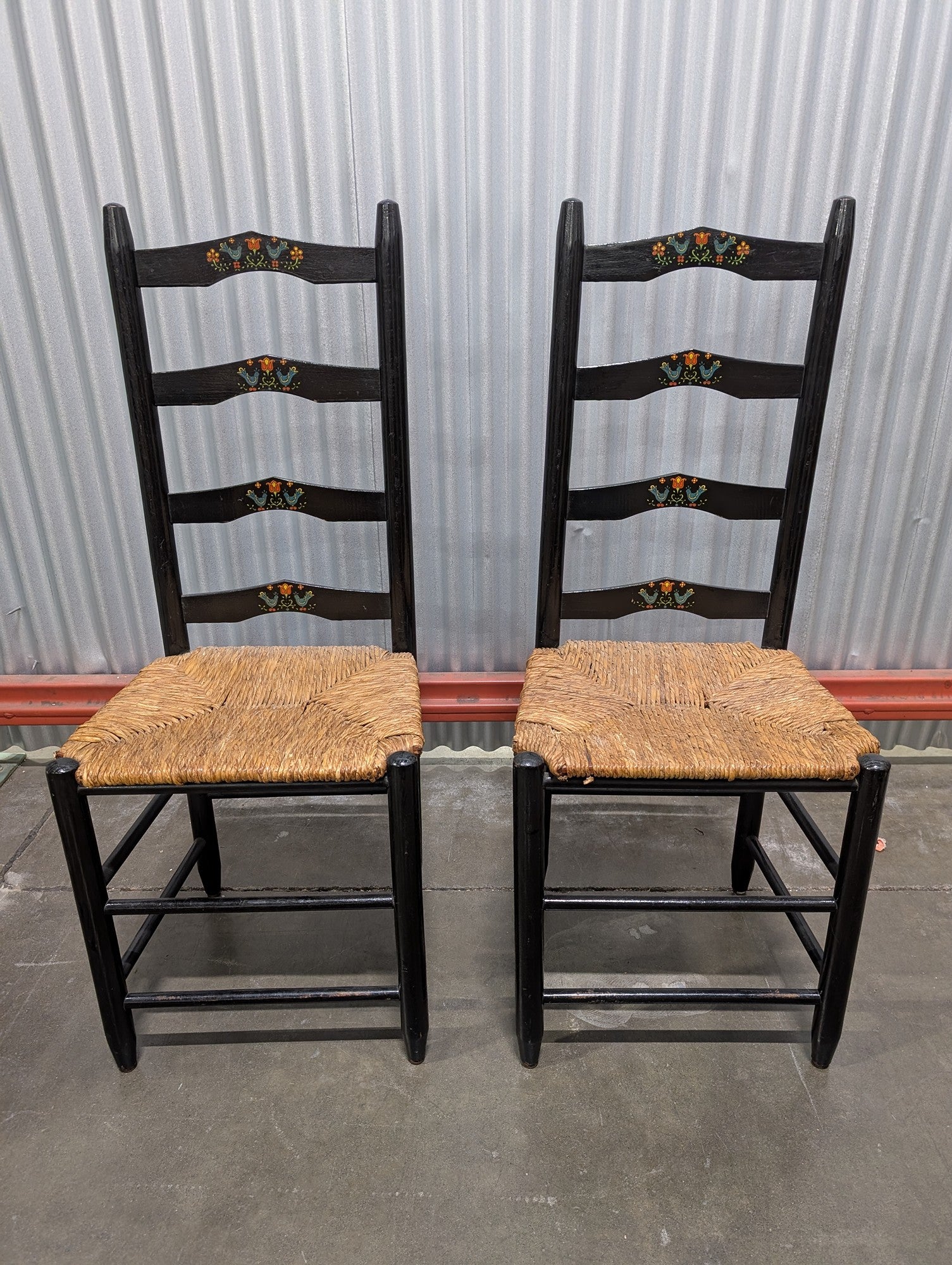 Pair of Folk Art Hand-Painted Ladder Back Dining Chairs with Rush Seats