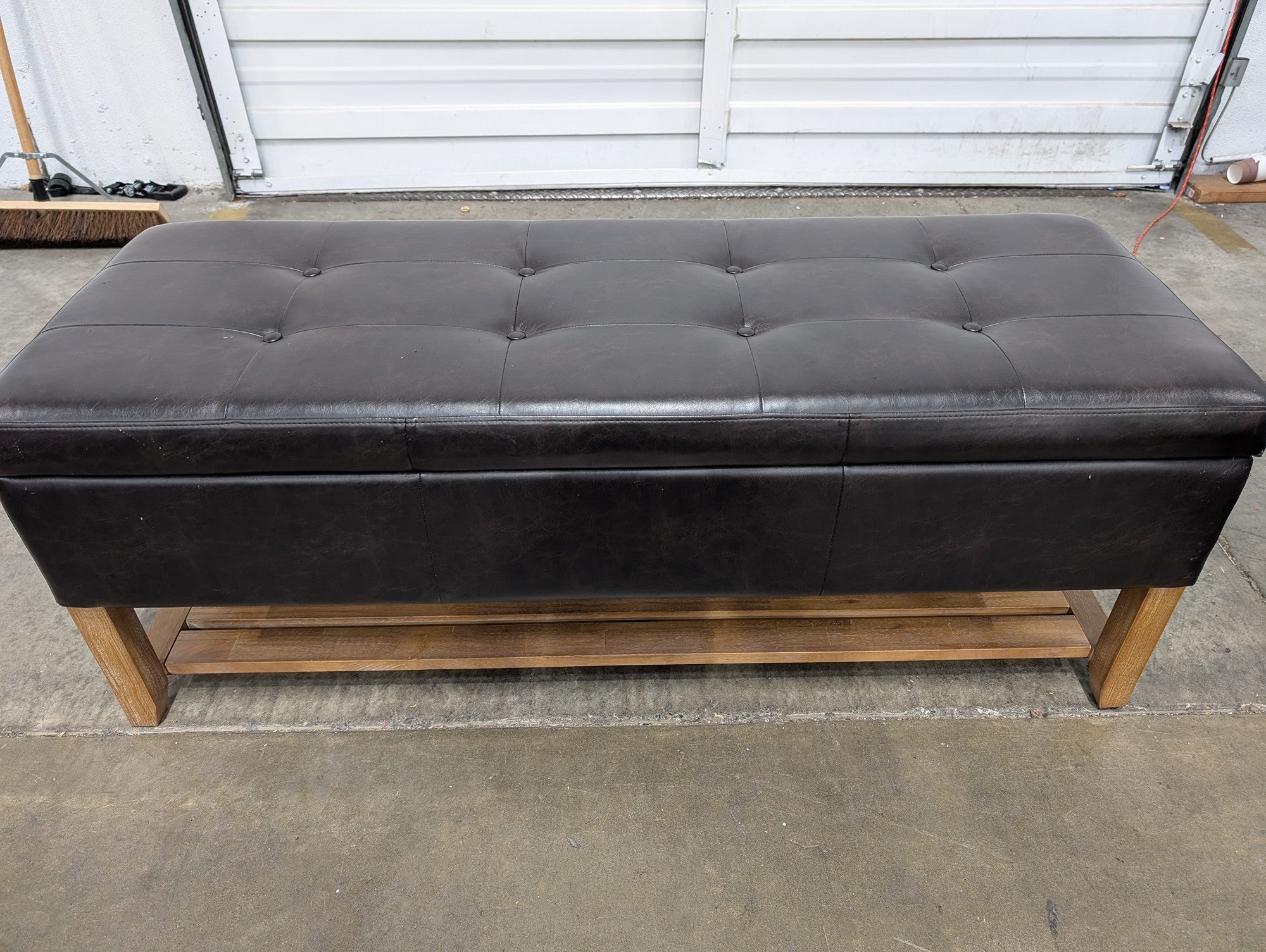 Dark Brown Tufted Storage Bench with Wood Base and Shelf