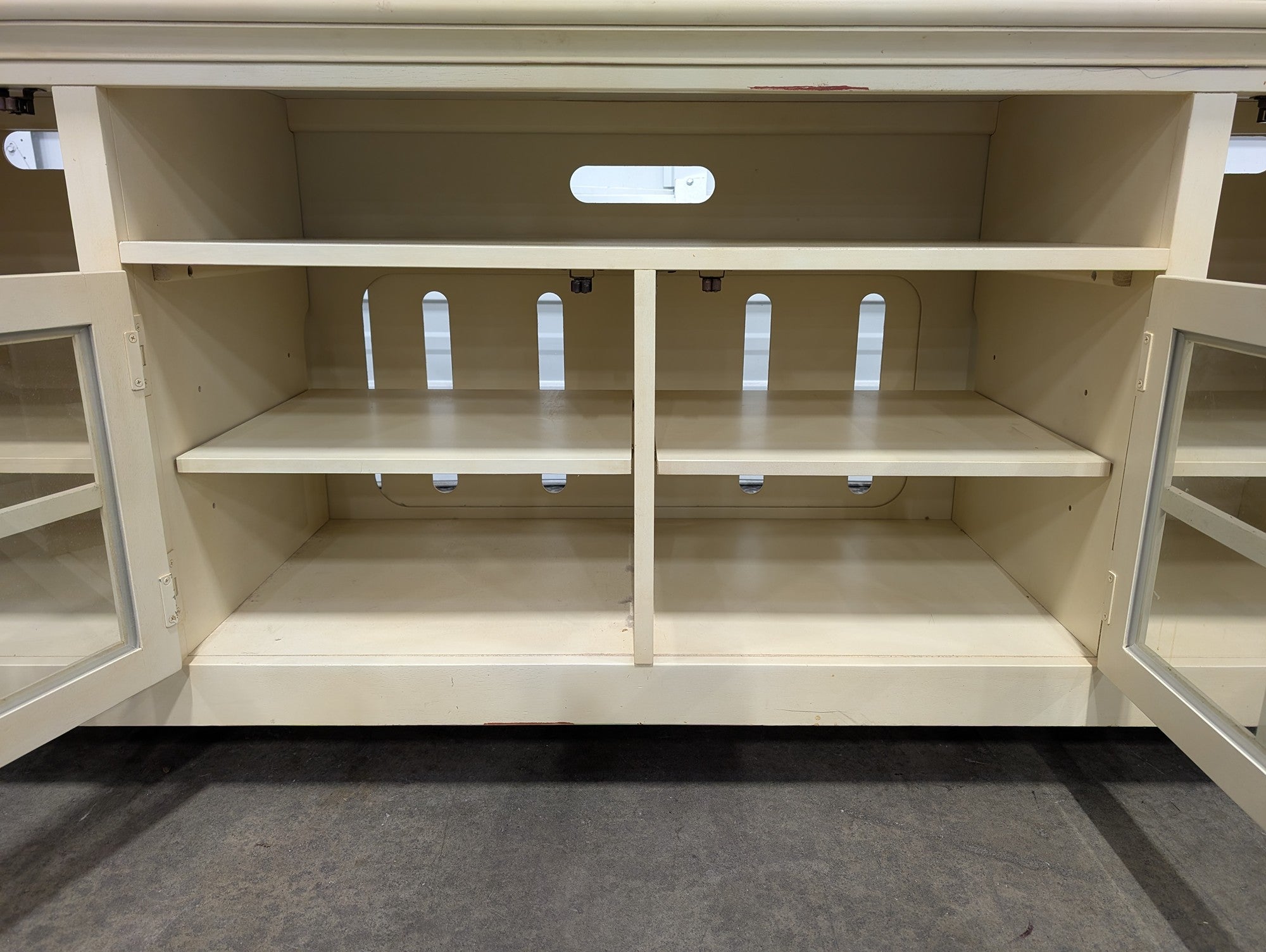 Distressed Cream Wood Media Console with Glass Doors