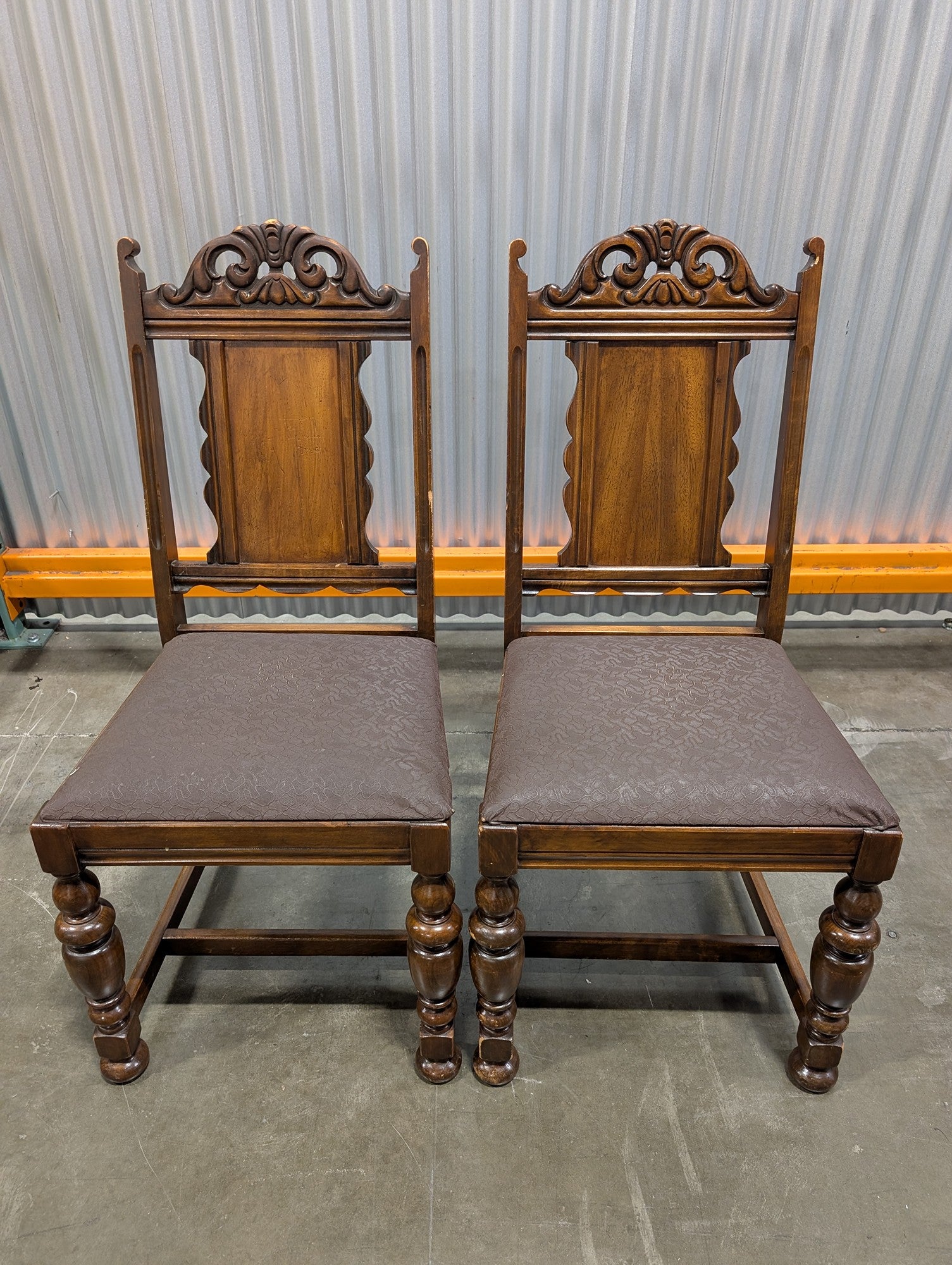 Pair of Vintage Jacobean Revival Carved Wood Dining Chairs