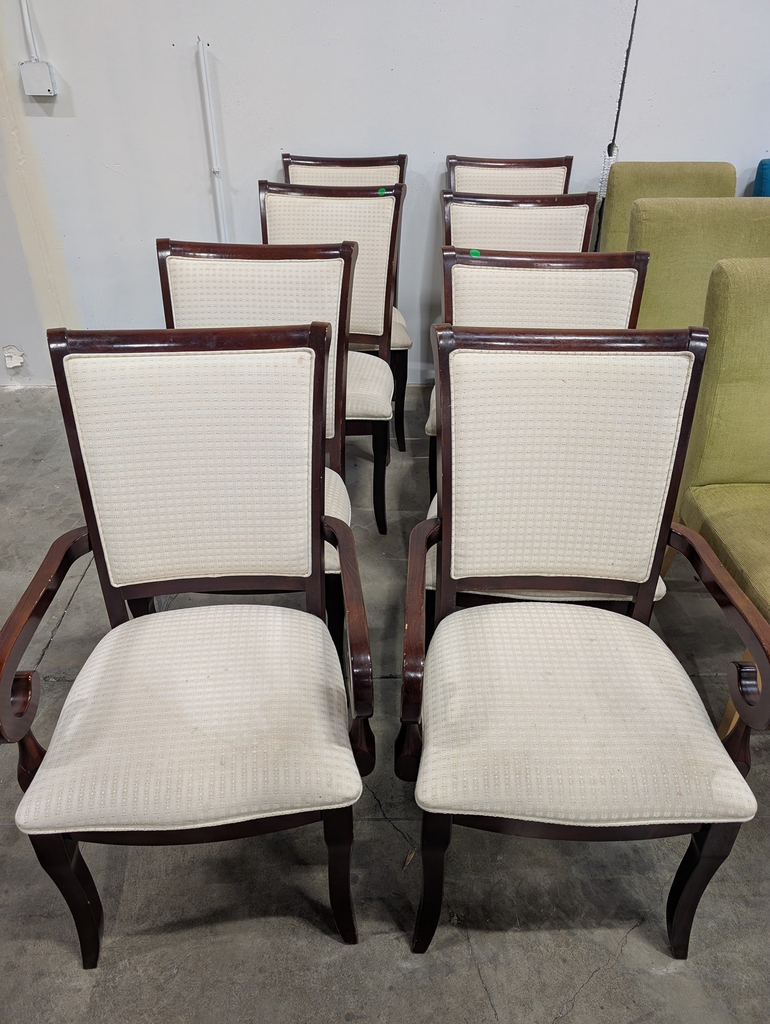 Set of Eight Classic Dark Wood Upholstered Dinining Chairs
