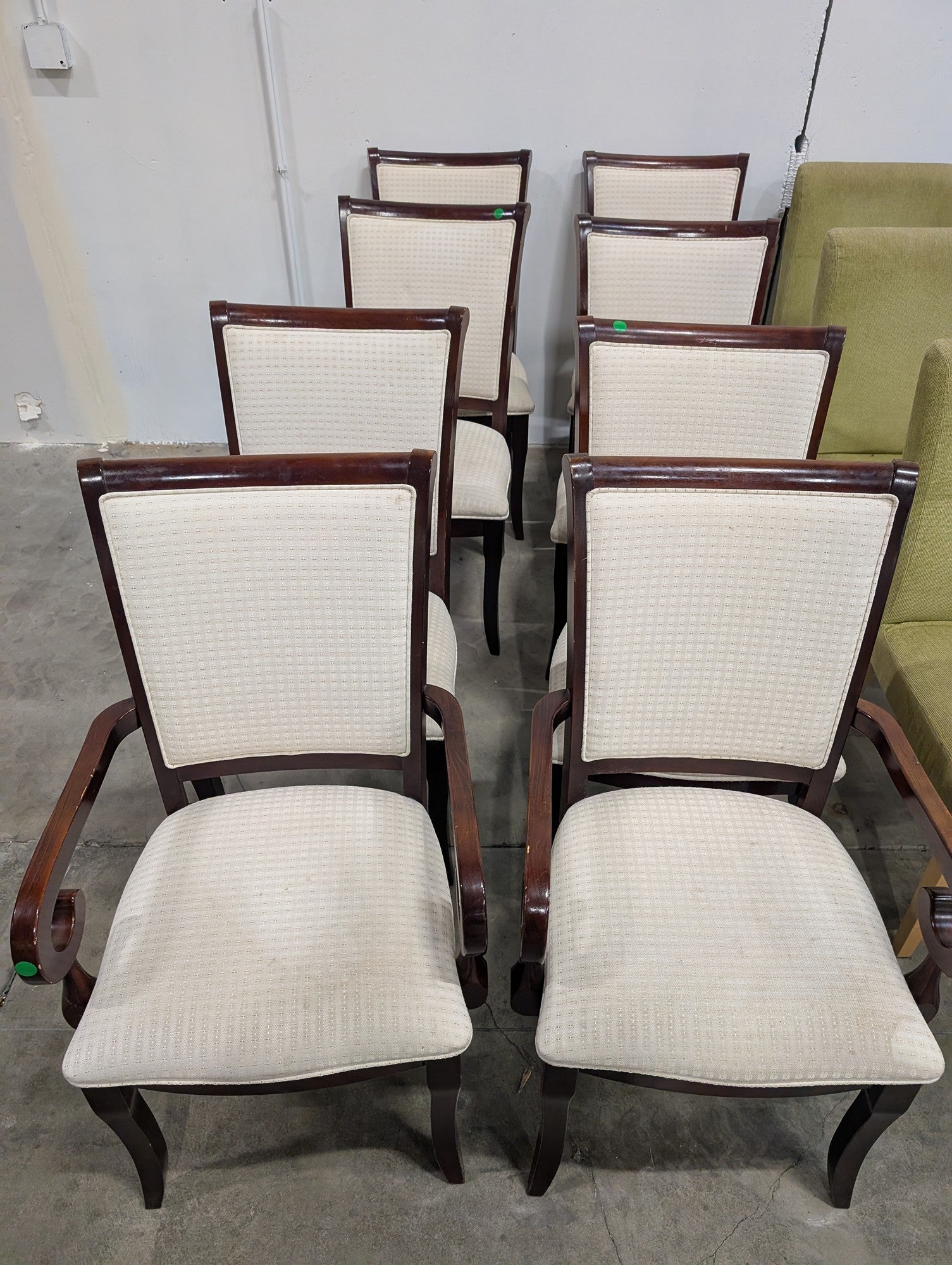 Set of Eight Classic Dark Wood Upholstered Dinining Chairs