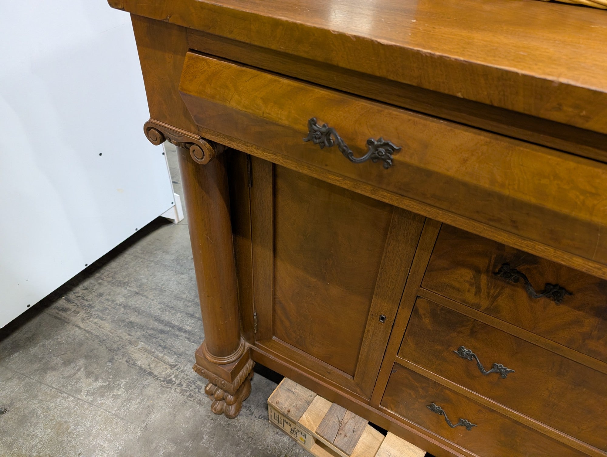 Vintage Wood Sideboard with Ornate Hardware and Fluted Columns
