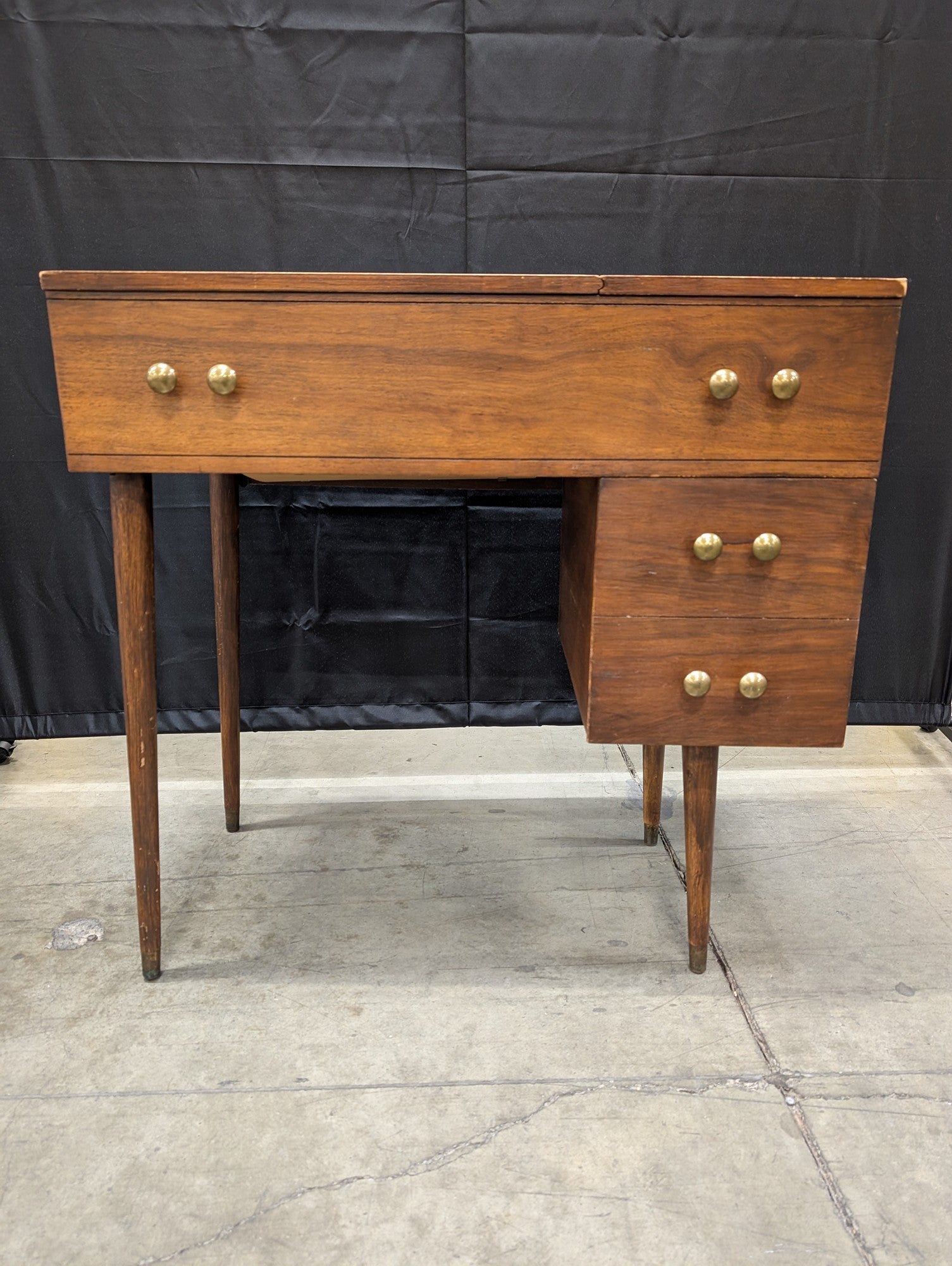 Vintage Mid-Century Modern Wood Sewing Machine Cabinet Desk with Drawers