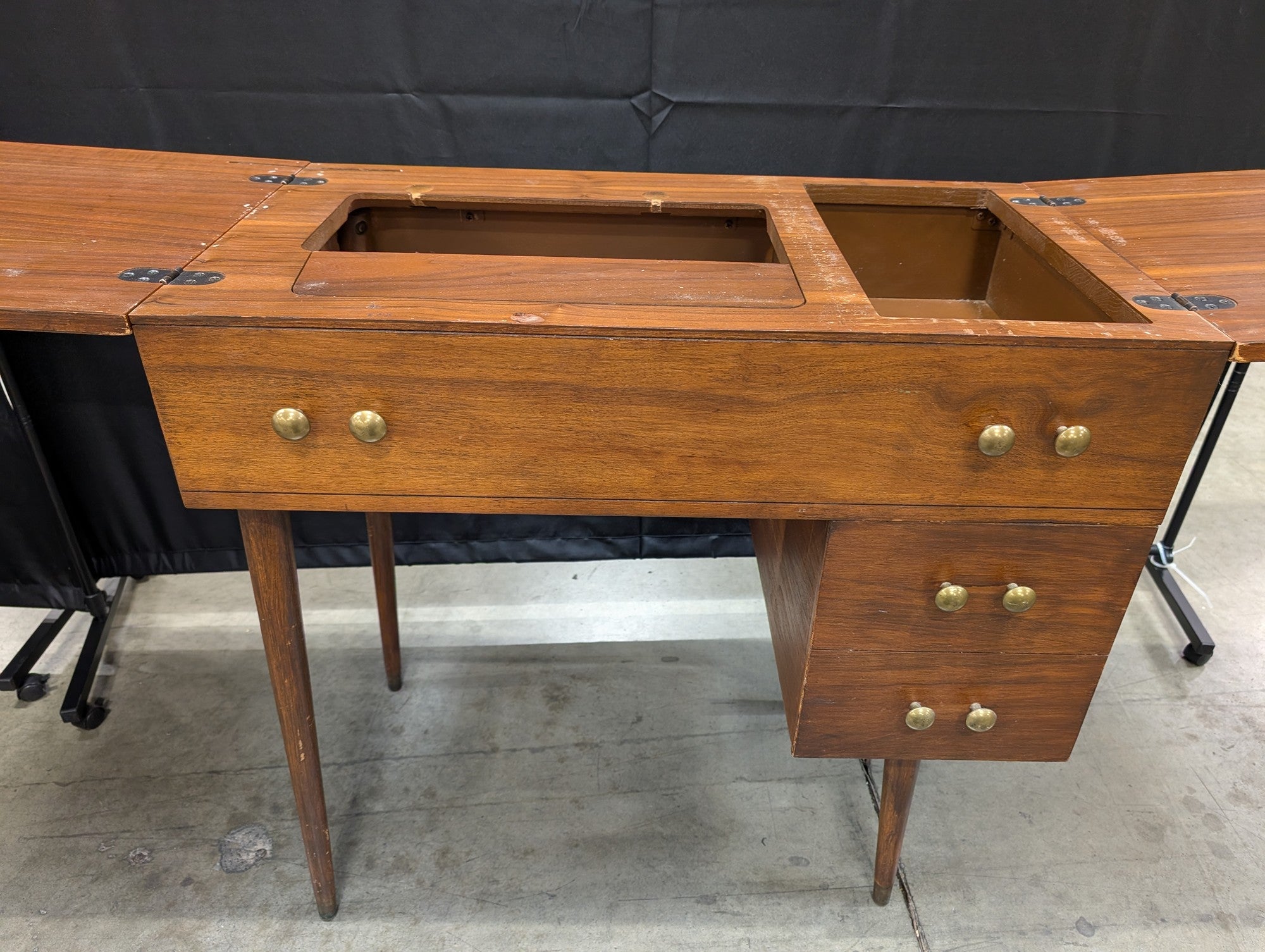 Vintage Mid-Century Modern Wood Sewing Machine Cabinet Desk with Drawers