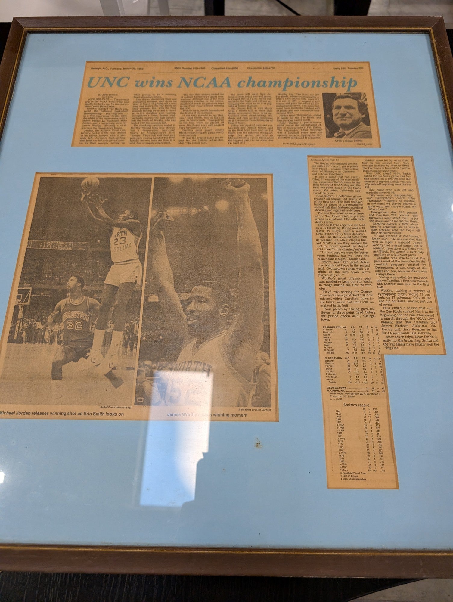 Vintage 1982 UNC NCAA Championship Newspaper Clipping Michael Jordan James Worthy Framed