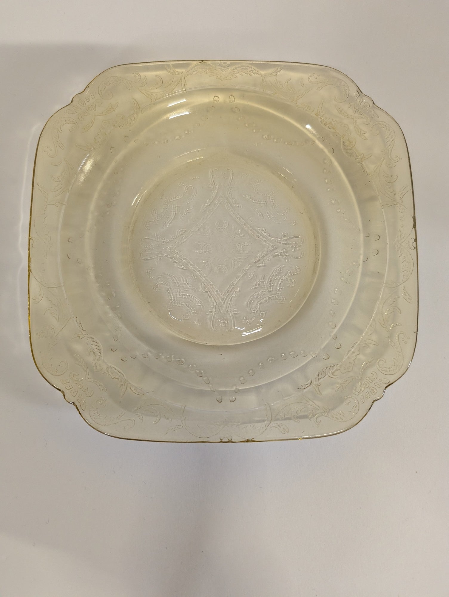 Vintage Yellow Depression Glass Square Plate with Gold Trim