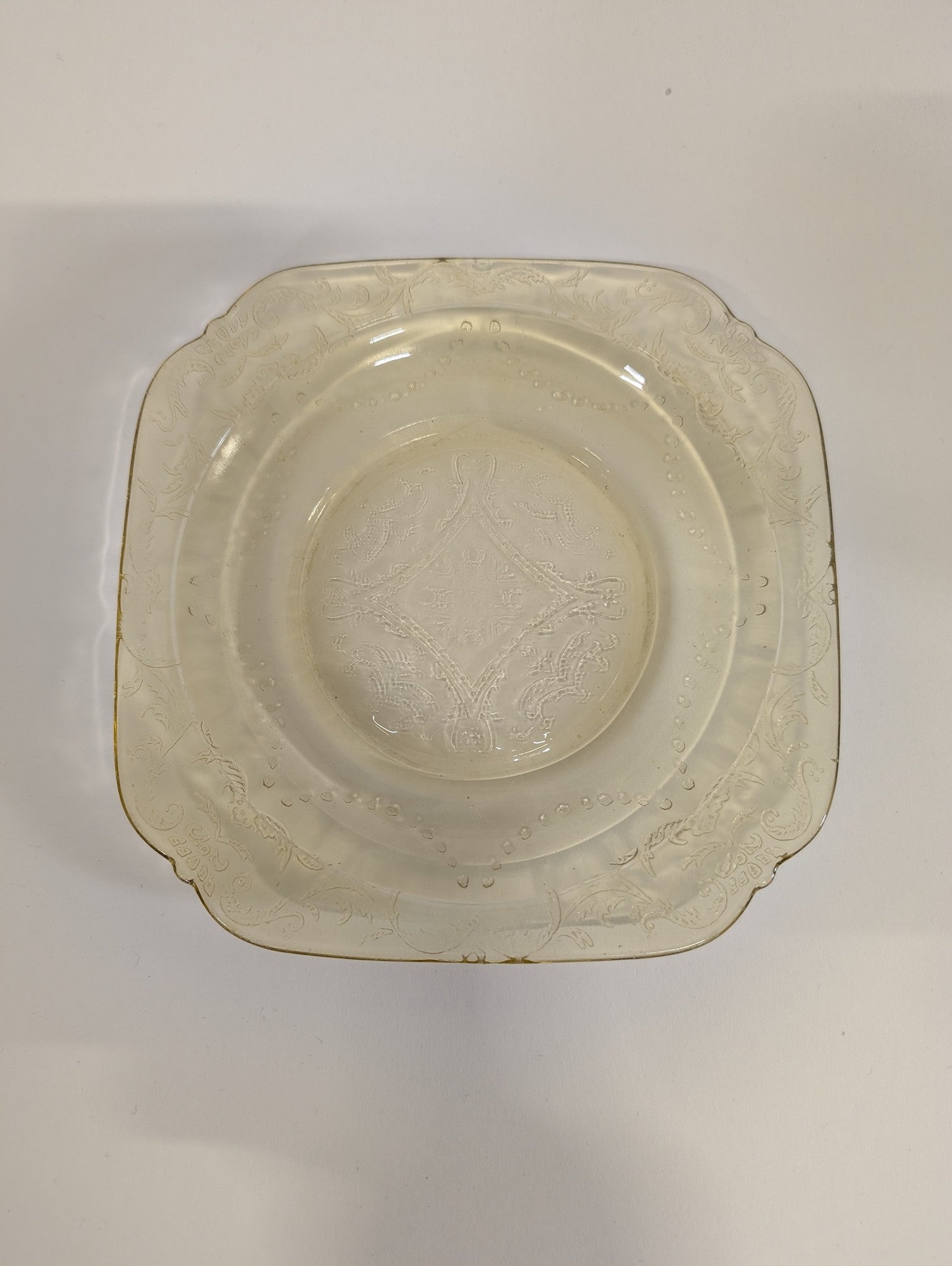 Vintage Yellow Depression Glass Square Plate with Gold Trim