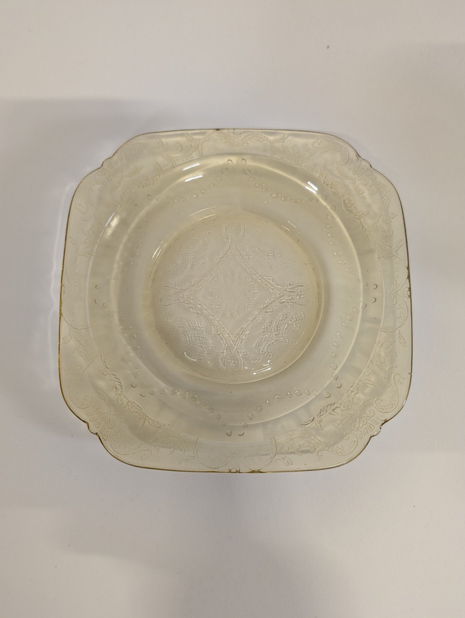 Vintage Yellow Depression Glass Square Plate with Gold Trim
