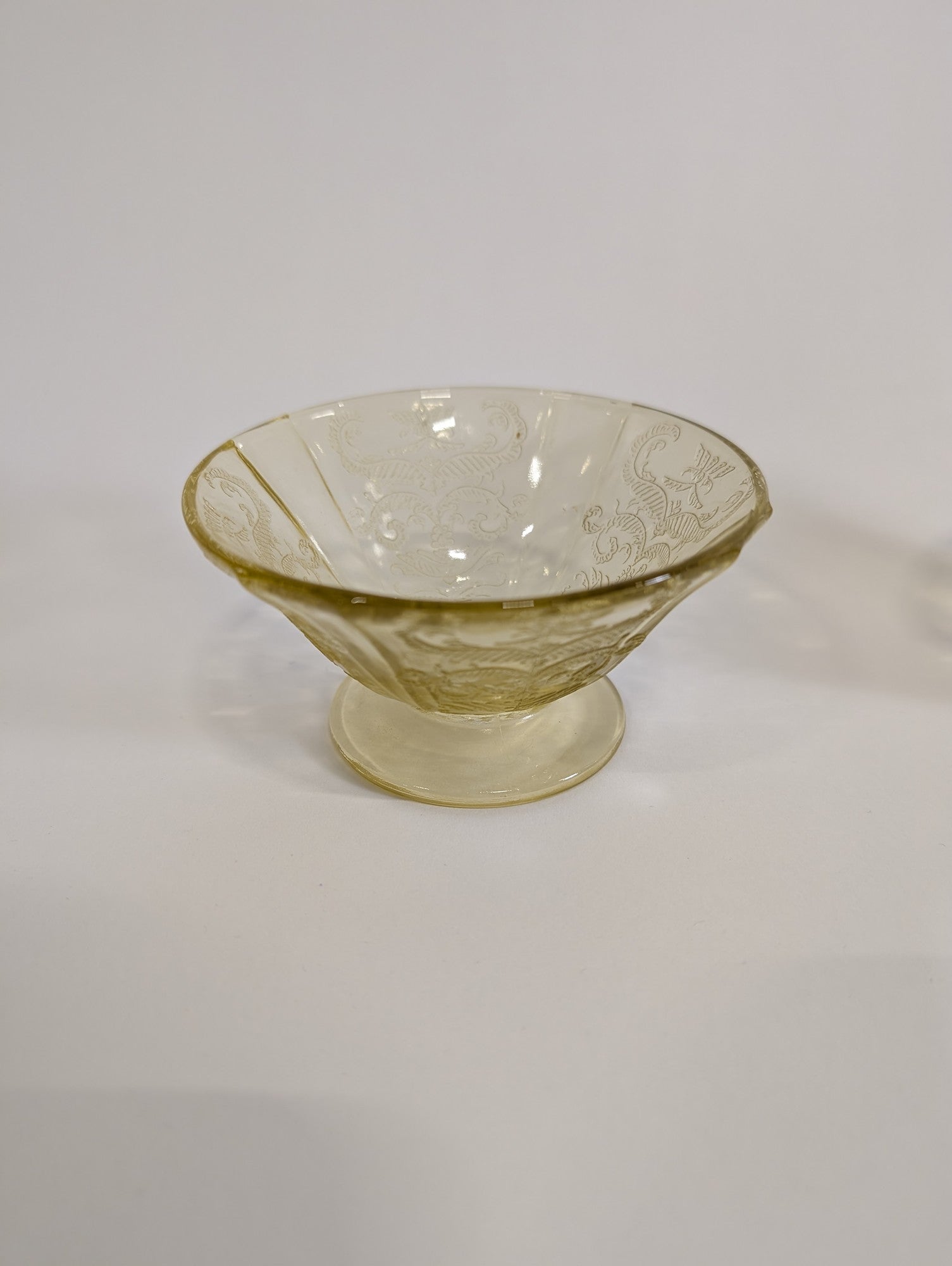 Vintage Yellow Glass Pedestal Bowl with Scroll Pattern