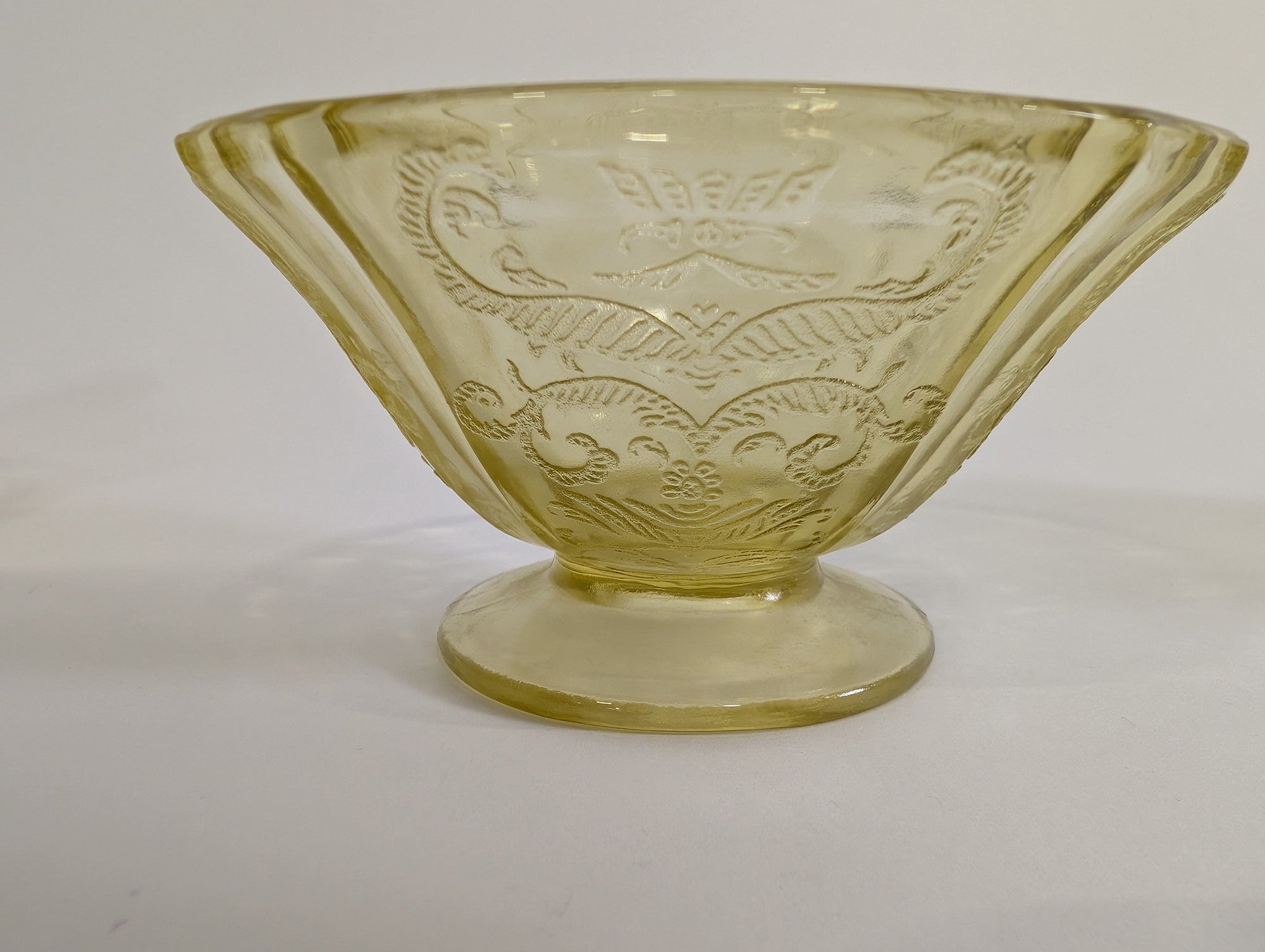 Vintage Yellow Glass Pedestal Bowl with Scroll Pattern