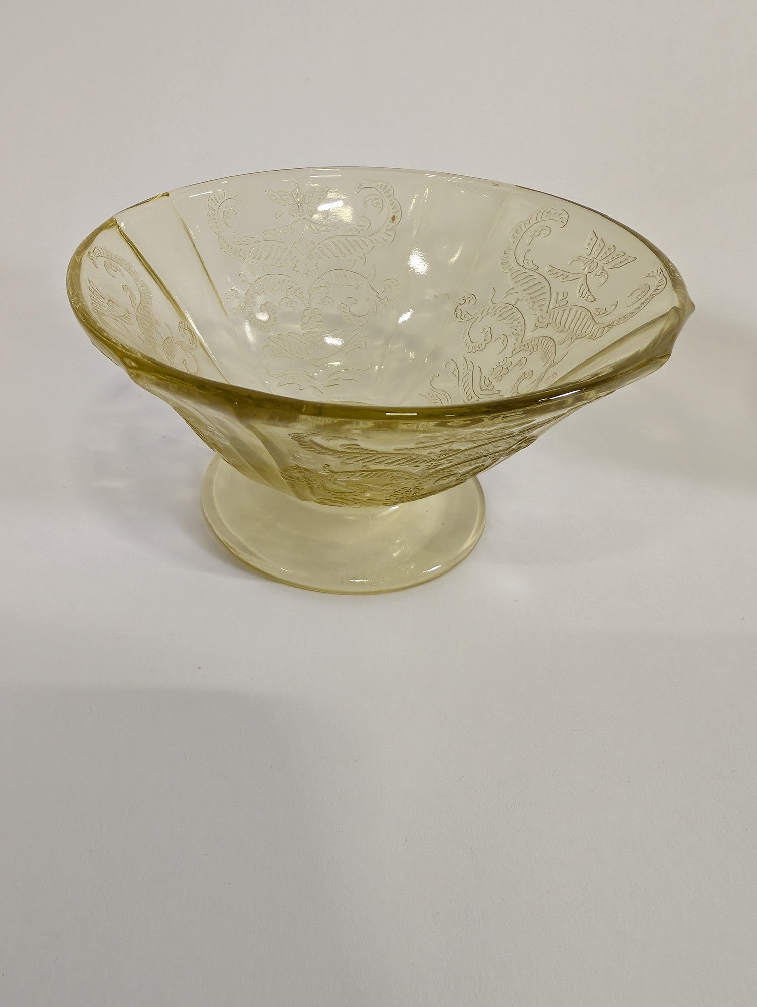 Vintage Yellow Glass Pedestal Bowl with Scroll Pattern