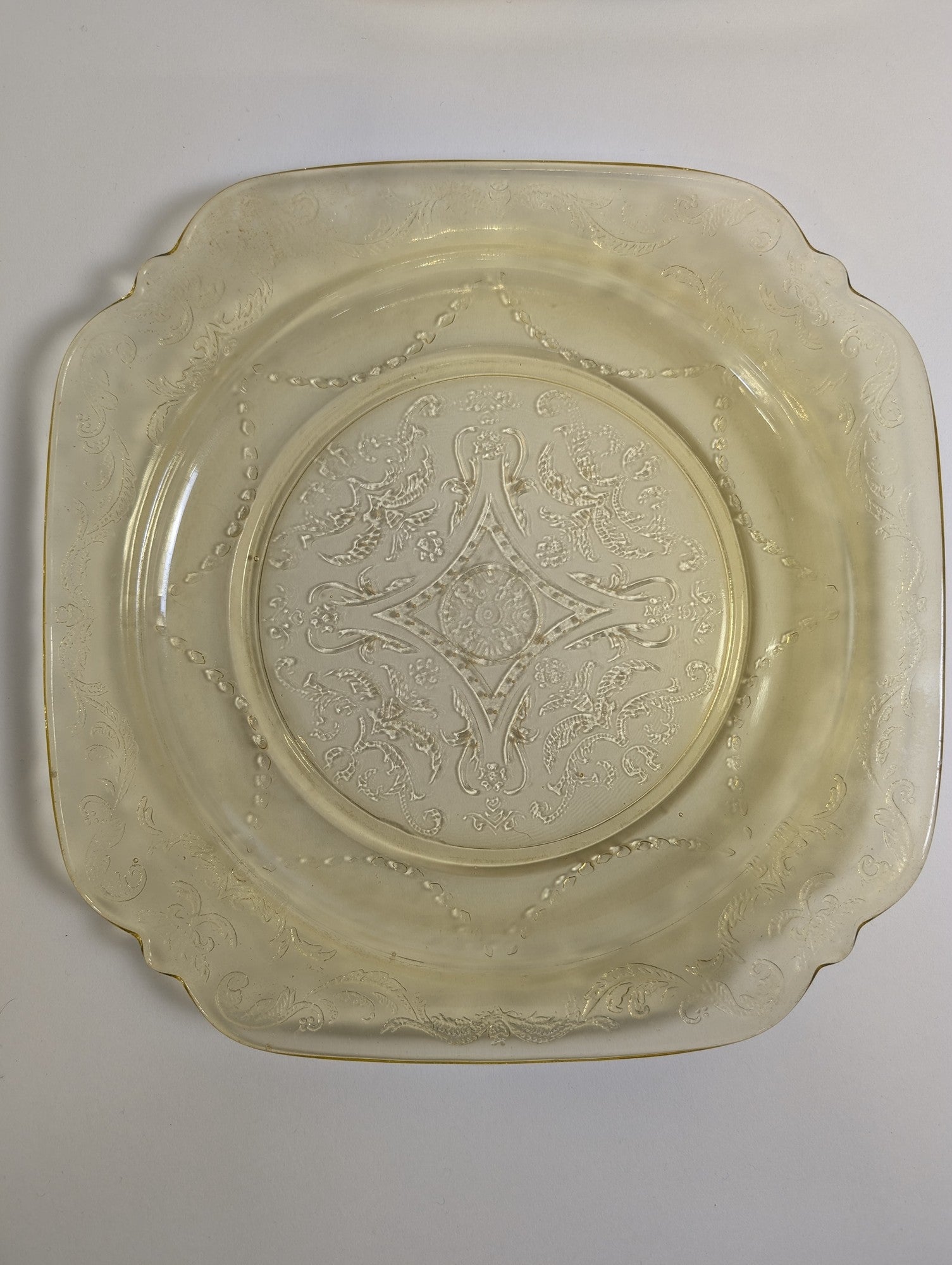 Vintage Yellow Square Glass Plate with Embossed Floral Pattern