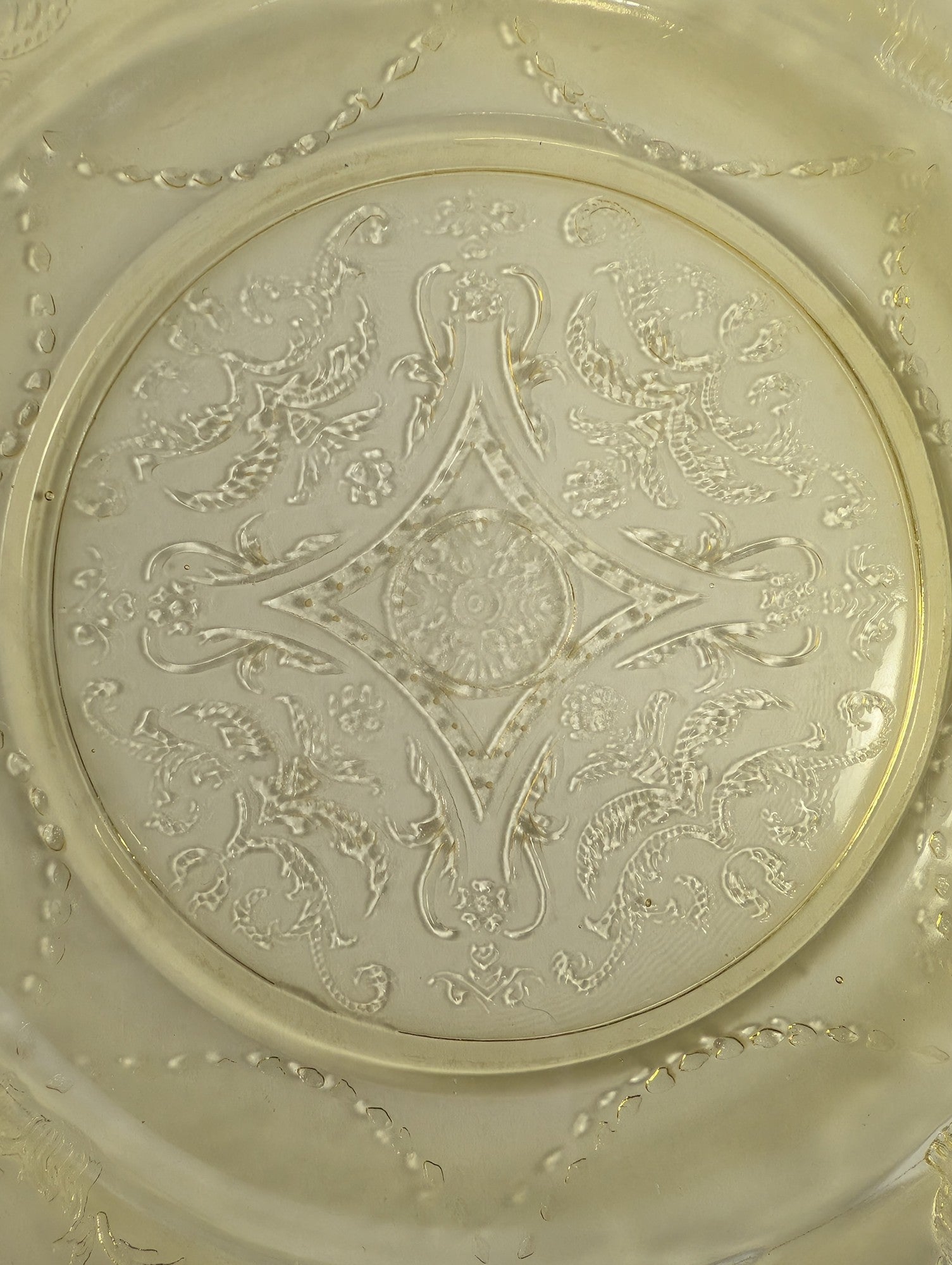 Vintage Yellow Square Glass Plate with Embossed Floral Pattern