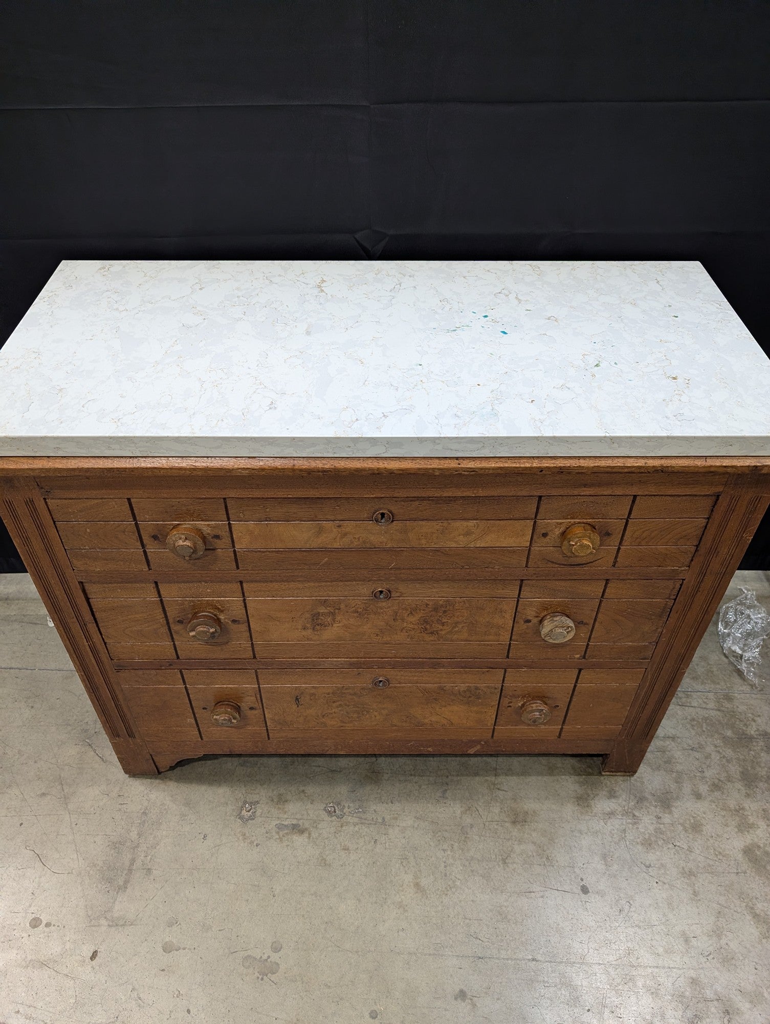 Vintage Wood Dresser with Marble Top and Multiple Drawers