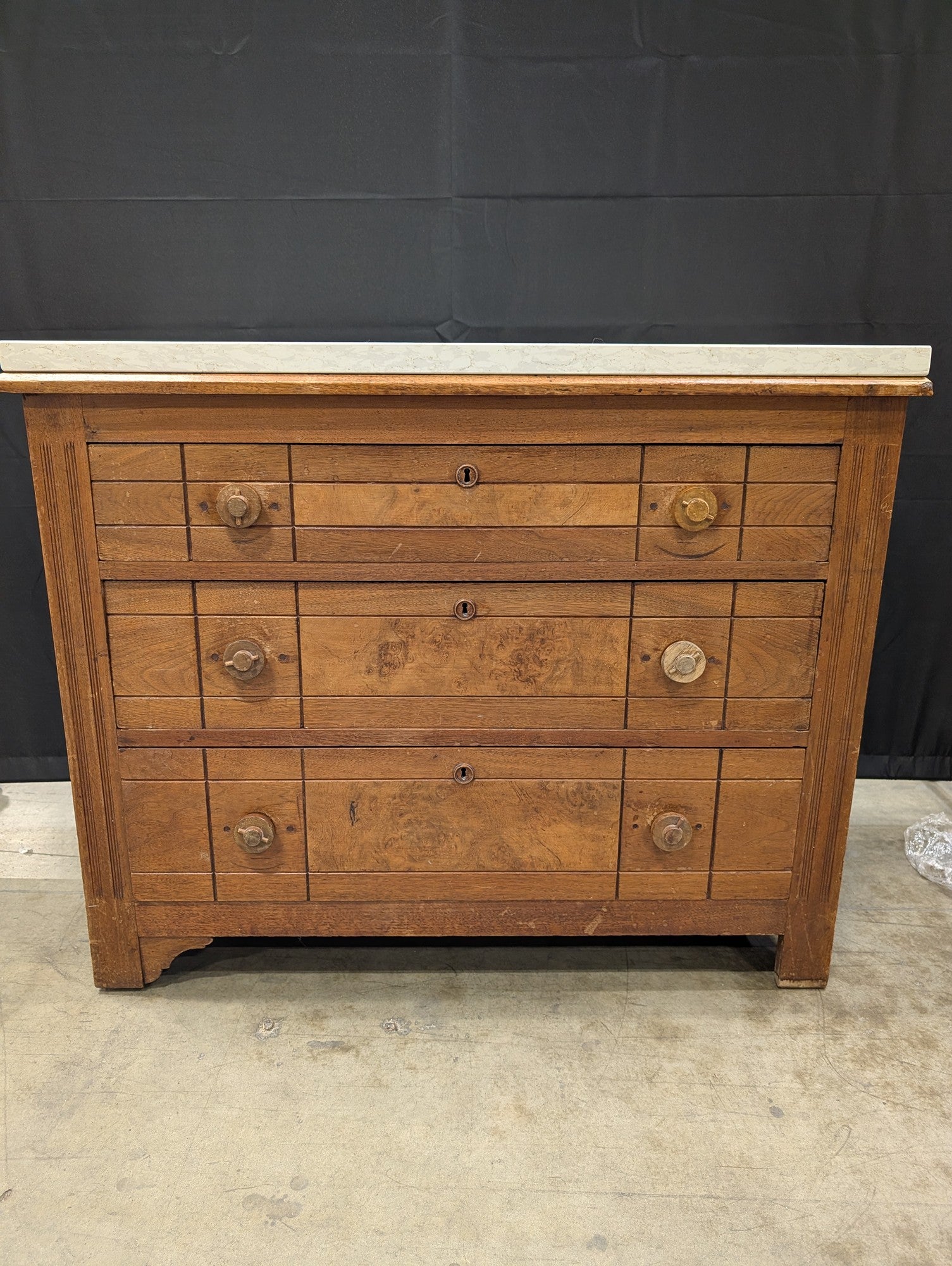 Vintage Wood Dresser with Marble Top and Multiple Drawers