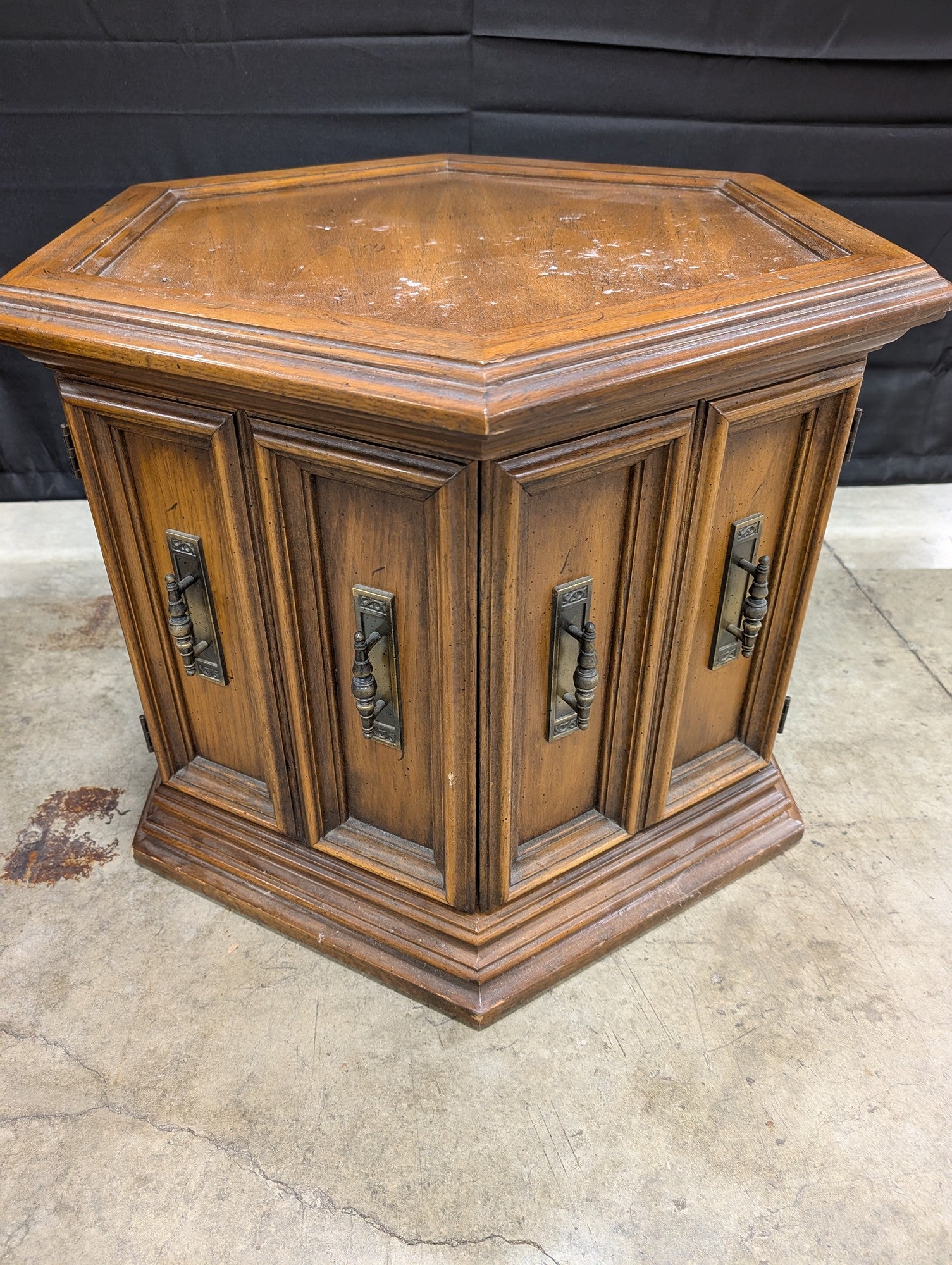 Vintage Octagonal Wood Accent Table with Cabinet Storage