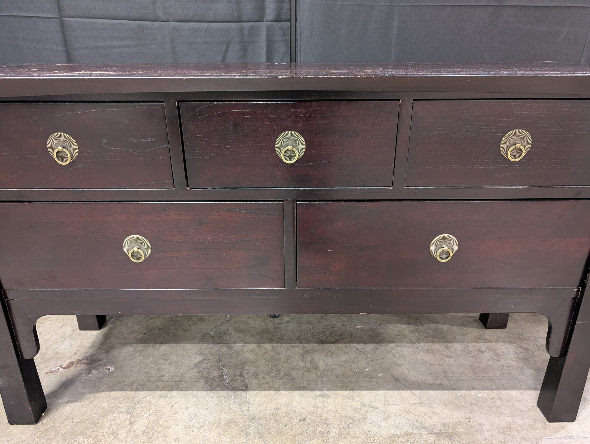 Asian Inspired Dark Brown Wood 5-Drawer Chest with Brass Ring Pulls