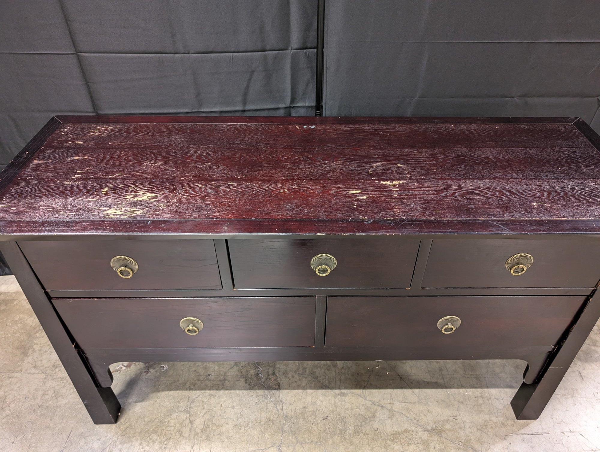 Asian Inspired Dark Brown Wood 5-Drawer Chest with Brass Ring Pulls