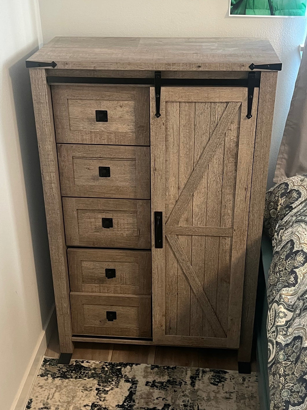 Rustic Light Brown Wood Storage Cabinet | 5 Drawers & Sliding Barn Door