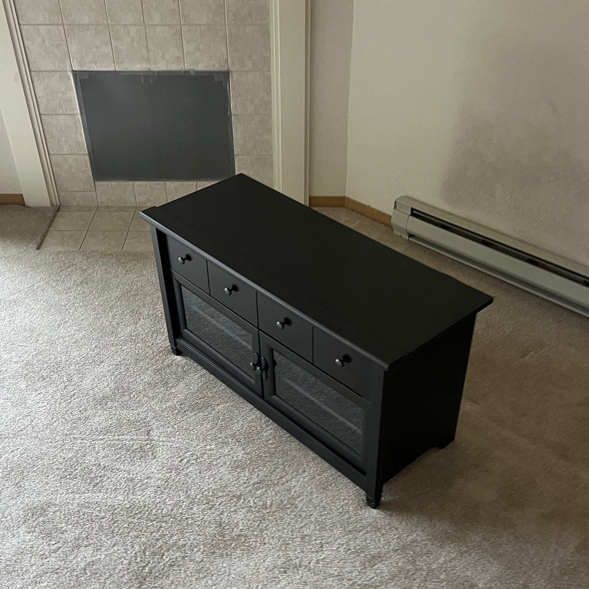 Black Wood Console Cabinet with Four Drawers and Glass Doors