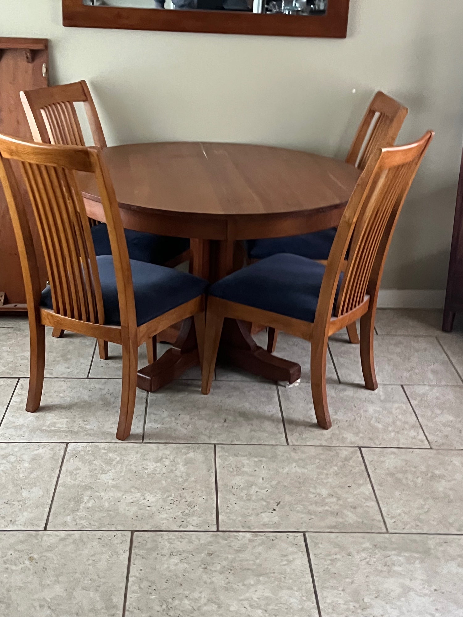 Classic Wood Pedestal Dining Table and Four Slat Back Chairs