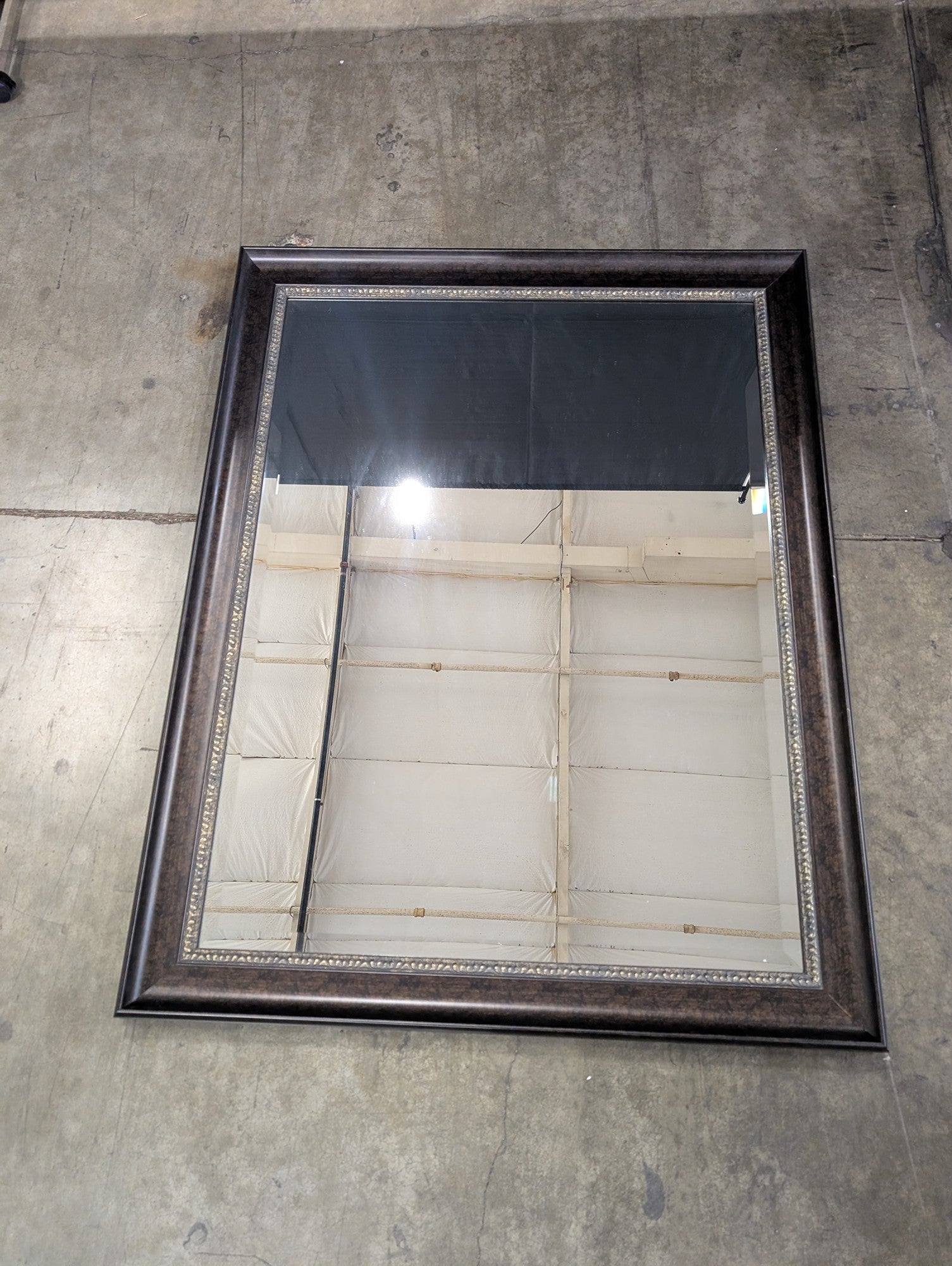 Rectangular Wall Mirror with Textured Bronze Frame and Beaded Inner Trim