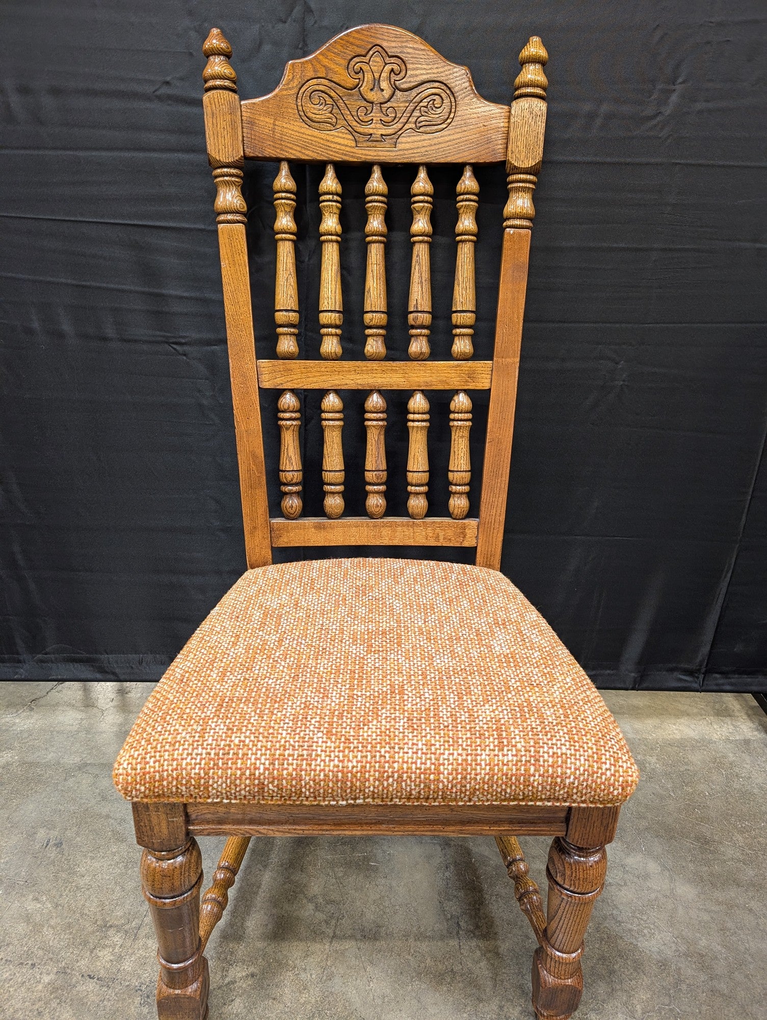 American Drew Rustic Carved Wood Spindle Back Dining Chair with Upholstered Seat