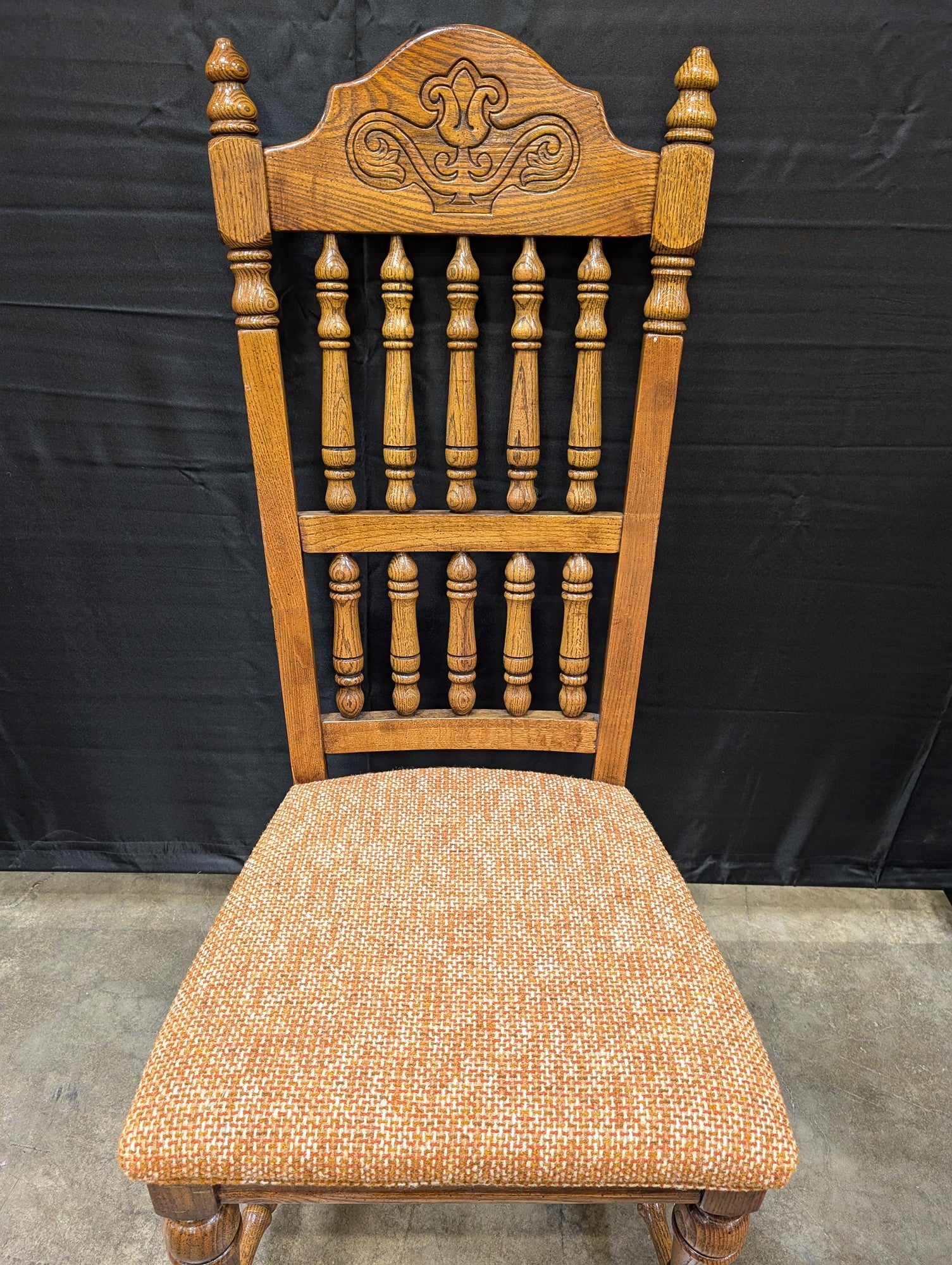 American Drew Rustic Carved Wood Spindle Back Dining Chair with Upholstered Seat