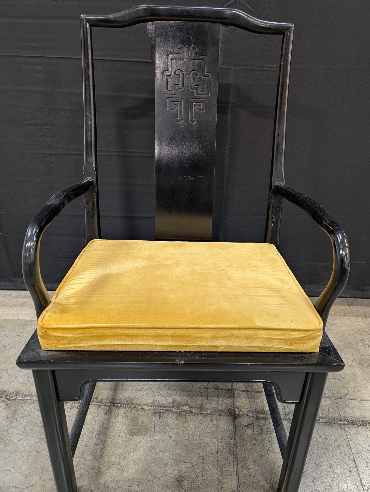 Black Lacquered Chinoiserie Armchair with Gold Velvet Cushion