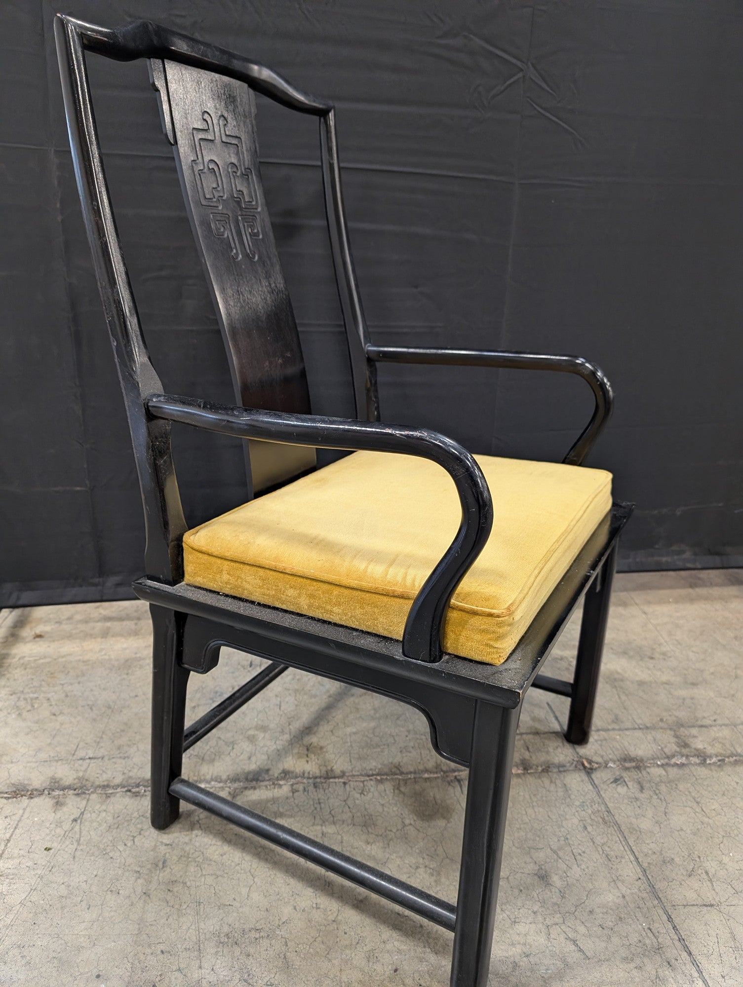 Black Lacquered Chinoiserie Armchair with Gold Velvet Cushion