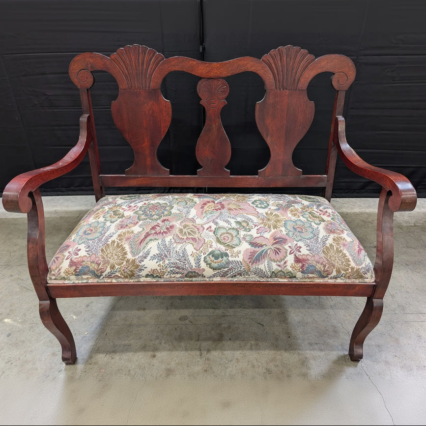 Vintage Carved Wood Parlor Bench with Floral Upholstery