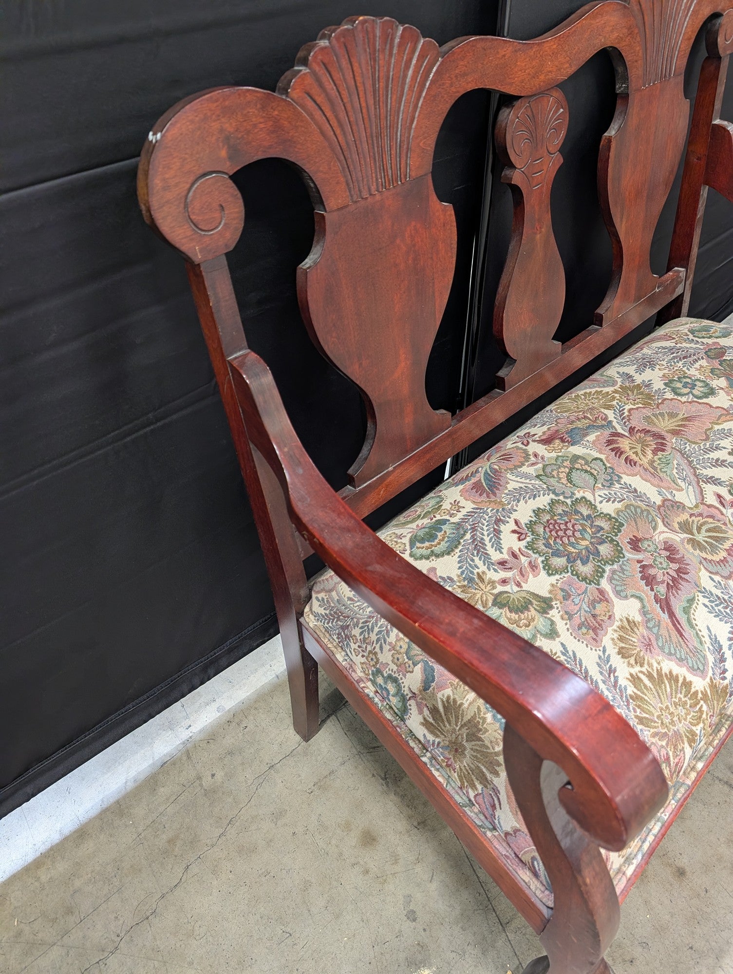 Vintage Carved Wood Parlor Bench with Floral Upholstery