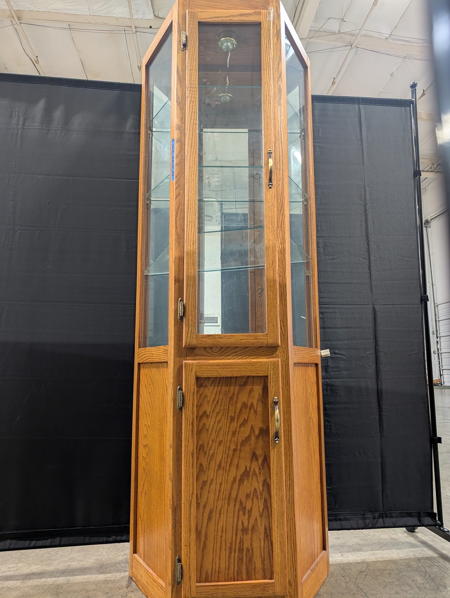 Octagonal Oak Wood Display Cabinet with Glass Shelving