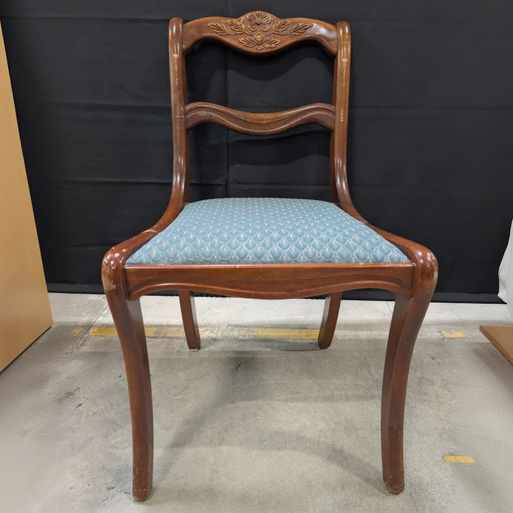 Traditional Carved Wood Dining Chair with Blue Upholstered Seat