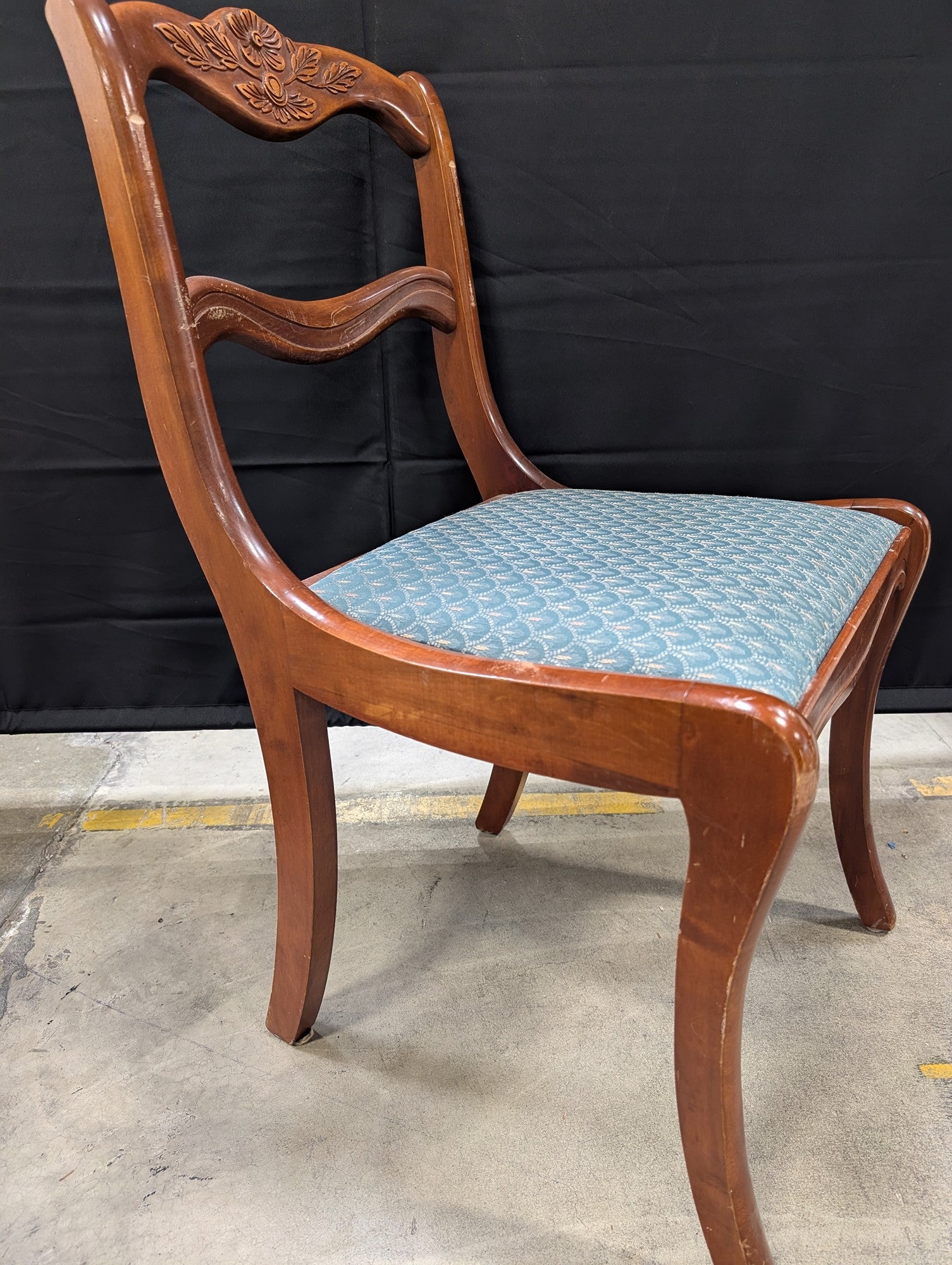 Traditional Carved Wood Dining Chair with Blue Upholstered Seat