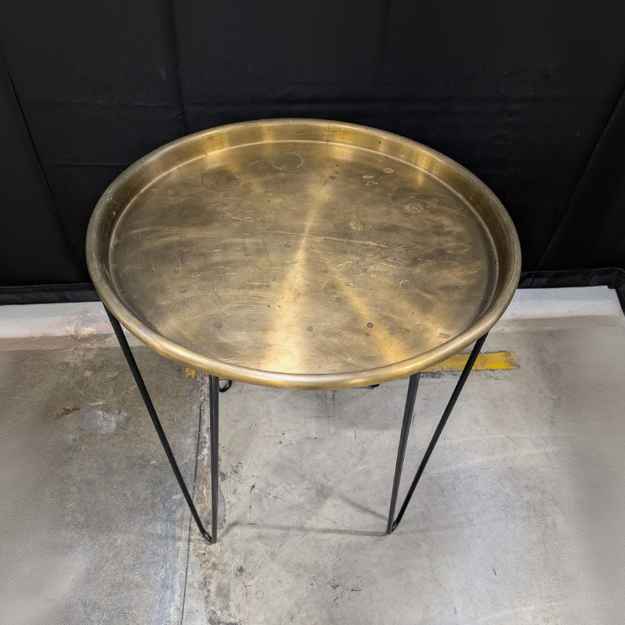 Modern Round Brass Finish Tray Top Accent Table with Hairpin Legs