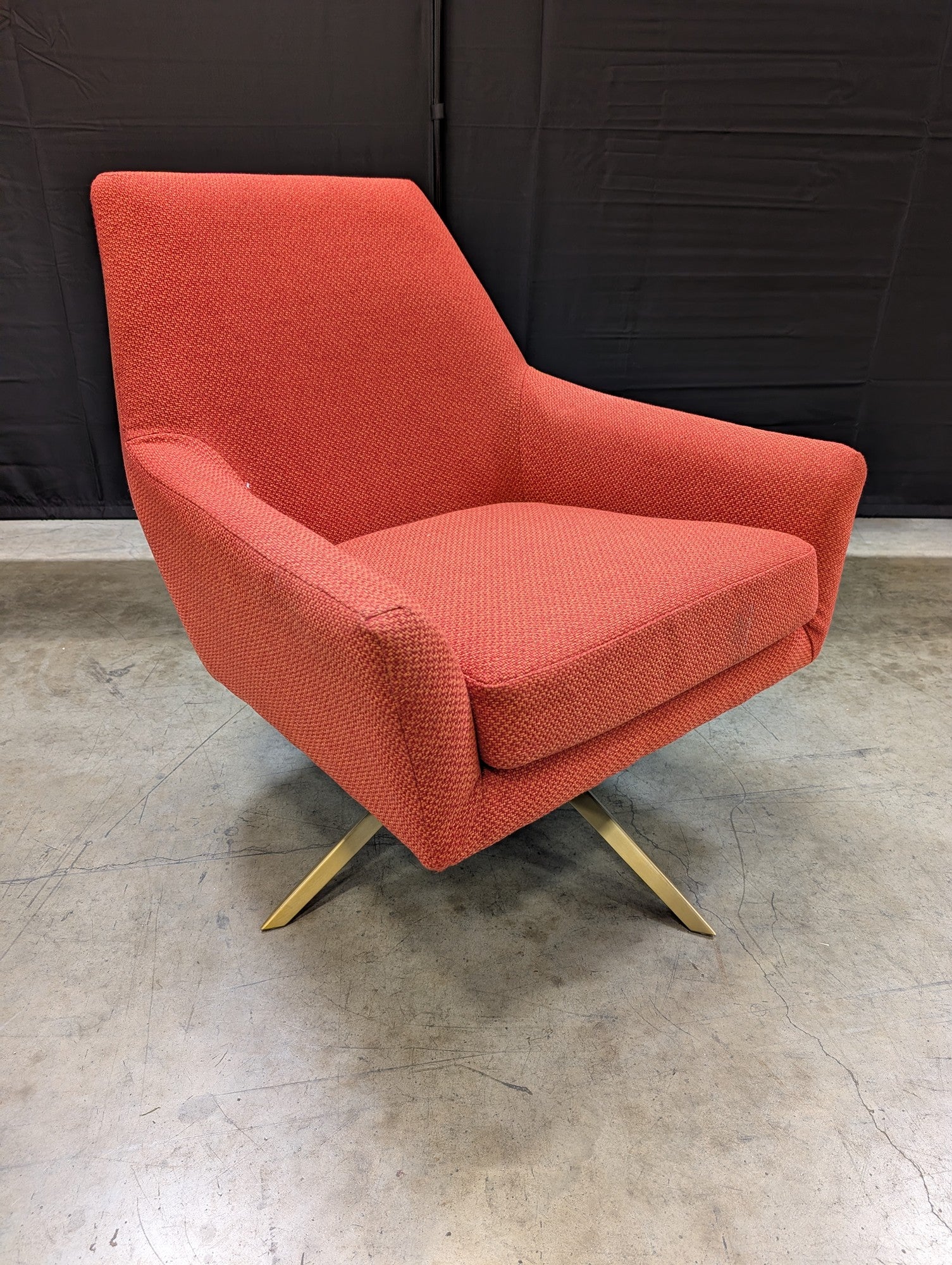 Mid-Century Modern Swivel Accent Chair Orange Textured Fabric Gold Base