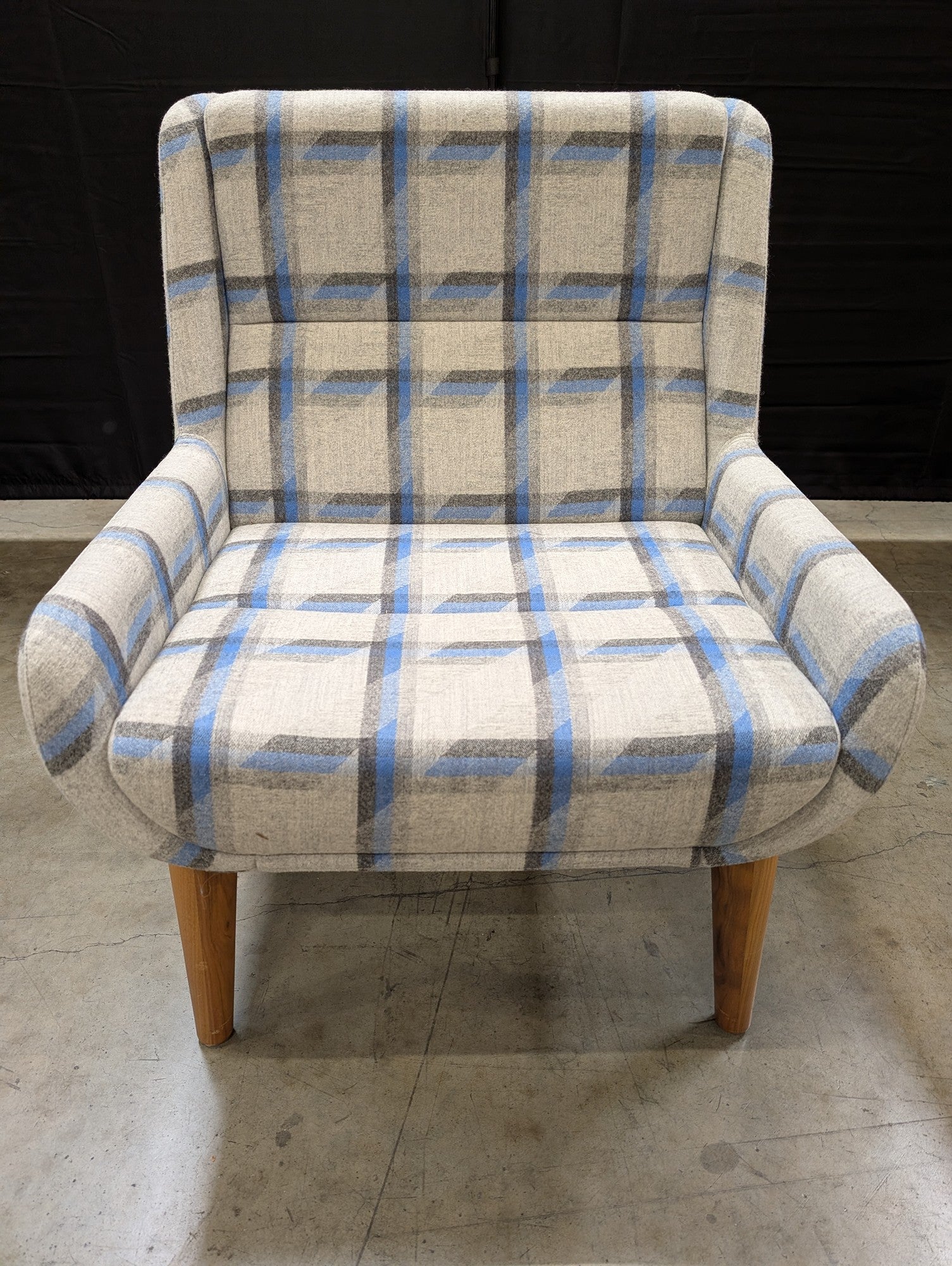 Naughtone High-Back Plaid Upholstered Armchair with Tapered Wood Legs