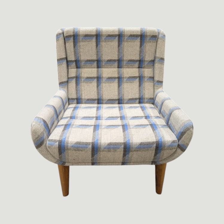 Naughtone High-Back Plaid Upholstered Armchair with Tapered Wood Legs
